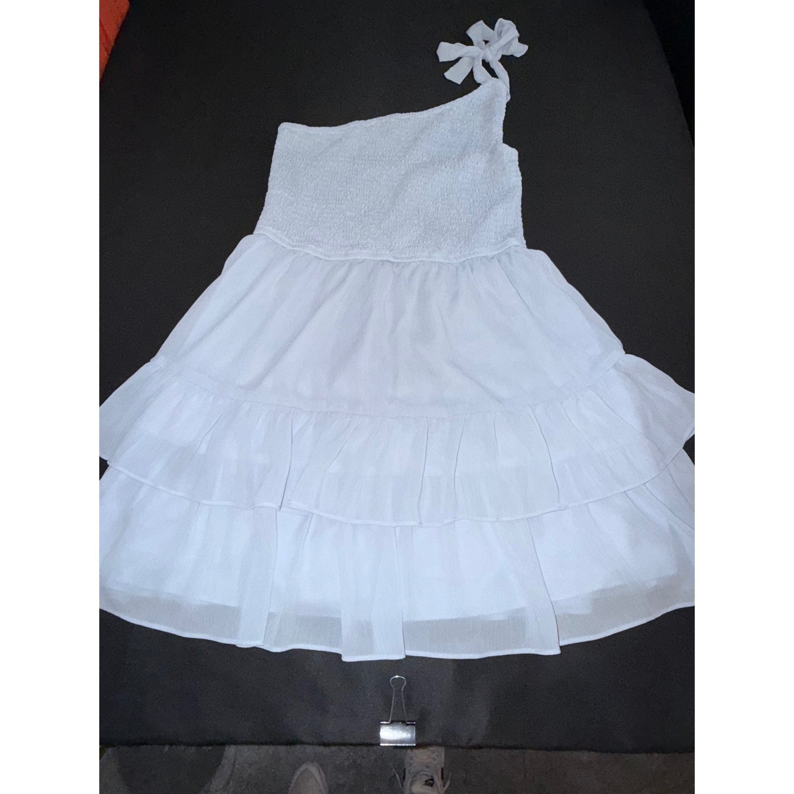 One Shoulder Smocked Tiered Ruffle Mini Dress White Large Tie Strap Summer