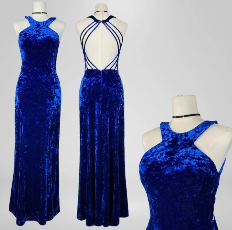 Vtg 90’s Morgan Co Dress 11/12 Blue Crushed Velvet Maxi Whimsigoth Prom Hoco