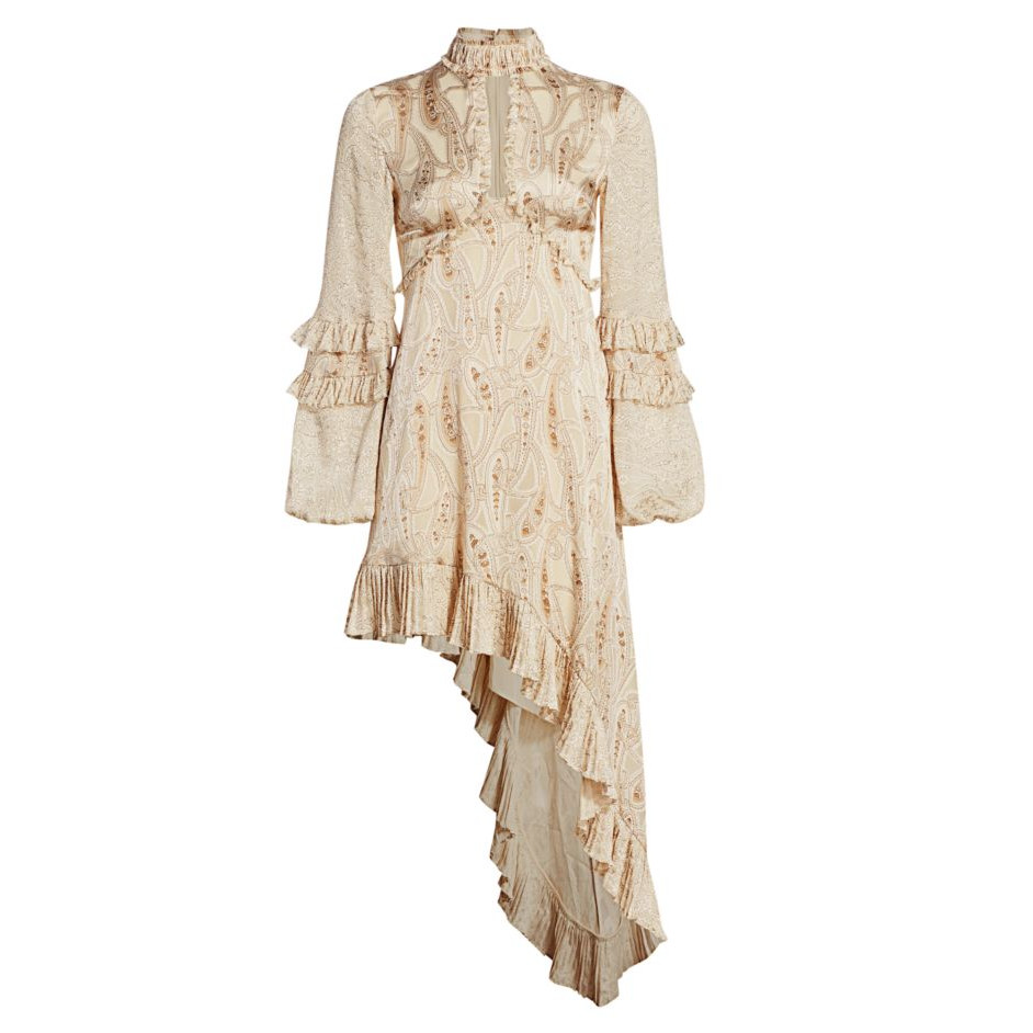 Alexis LIORA Asymmetrical Empire-Waist Keyhole Ruffle Long-Sleeve Satin Dress XS