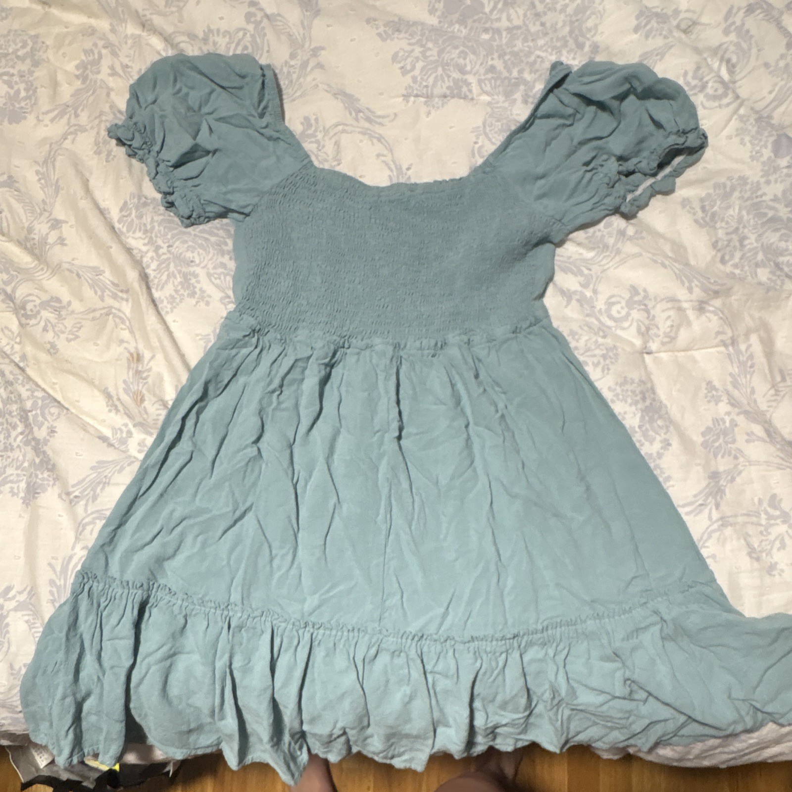 Rewind Women’s Blue Solid Smocked Puff Sleeve Ruffle Hem Mini Dress M