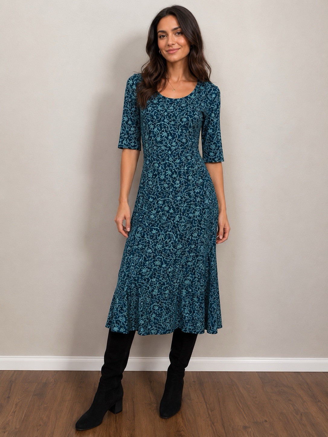 Peruvian Connection Blue Scroll Print Cotton Lycra Midi Dress Size M Stretch
