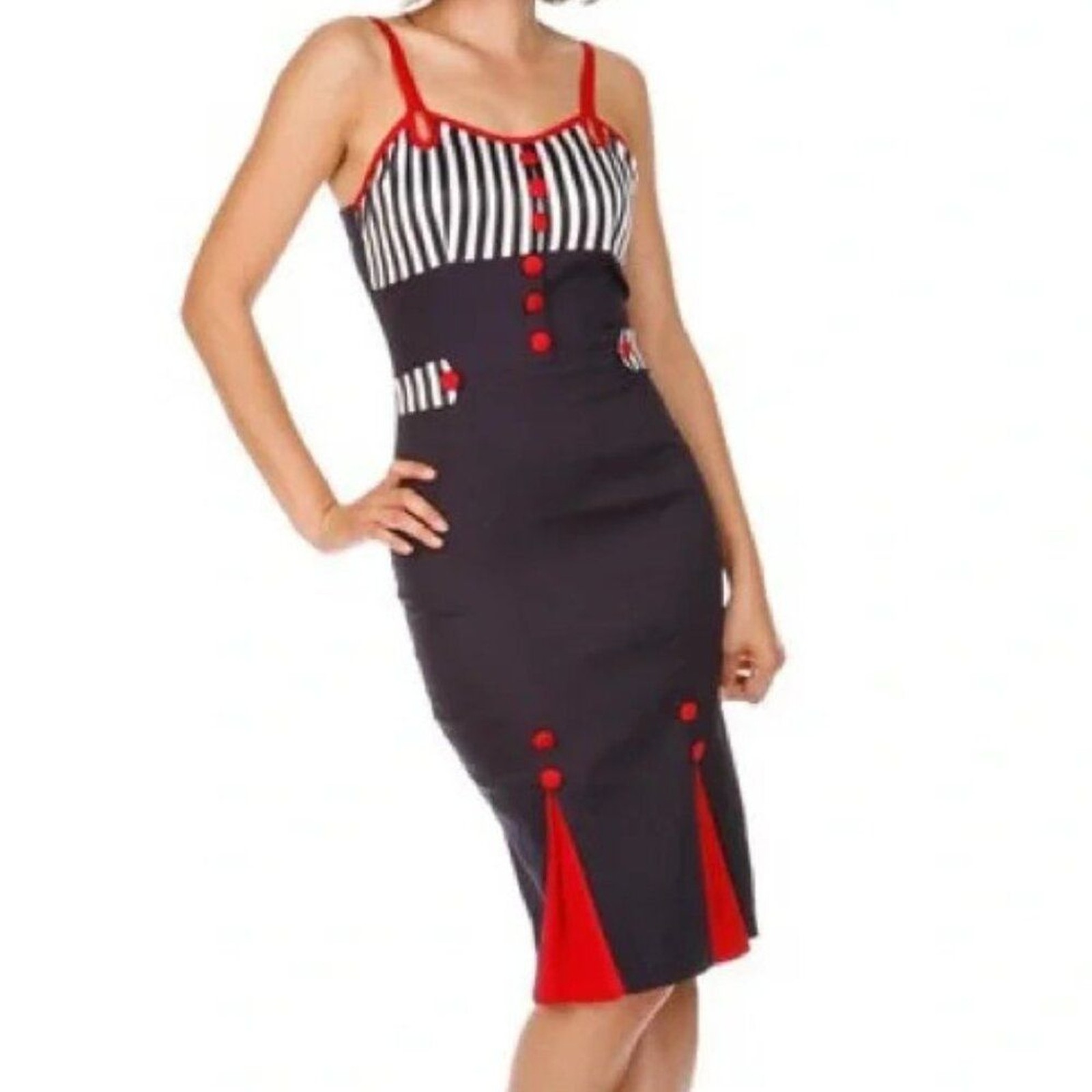 🎀Voodoo Vixen Sailor Rockabilly Blue and Red fitted wiggle nautical dress S