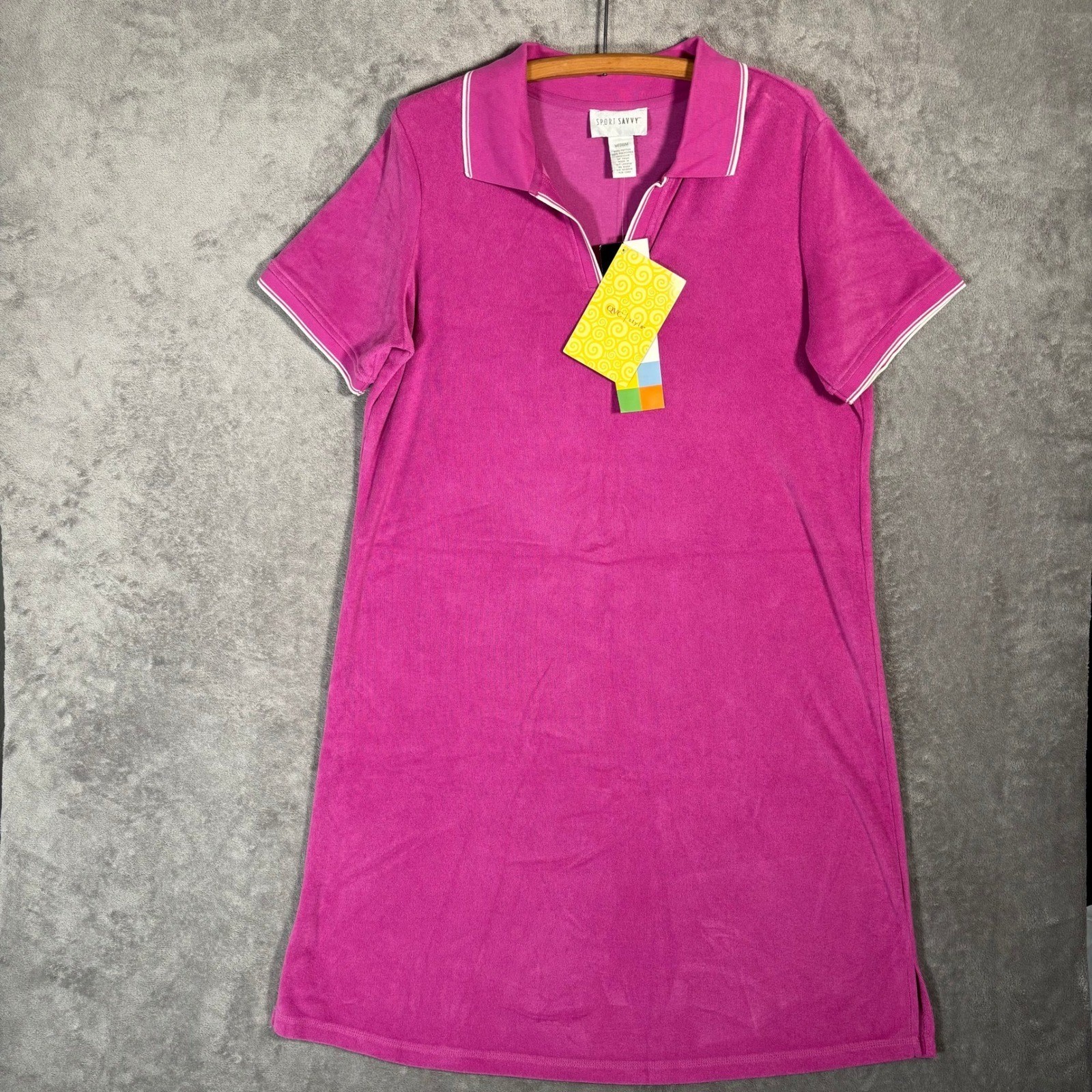 NOS Sport Savvy Terry Cloth Polo Dress Womens M Magenta Pink V-Neck S/s QVC NWT
