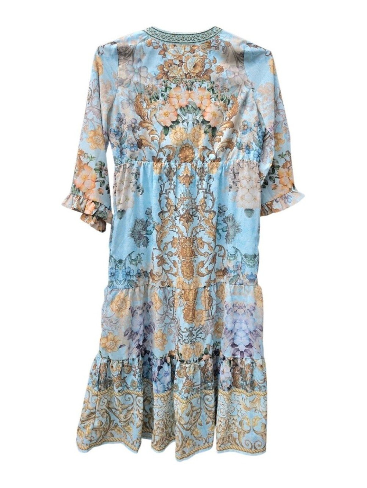 Soft Surroundings Petite Small Light Blue Floral Beaded Tiered Maxi Dress