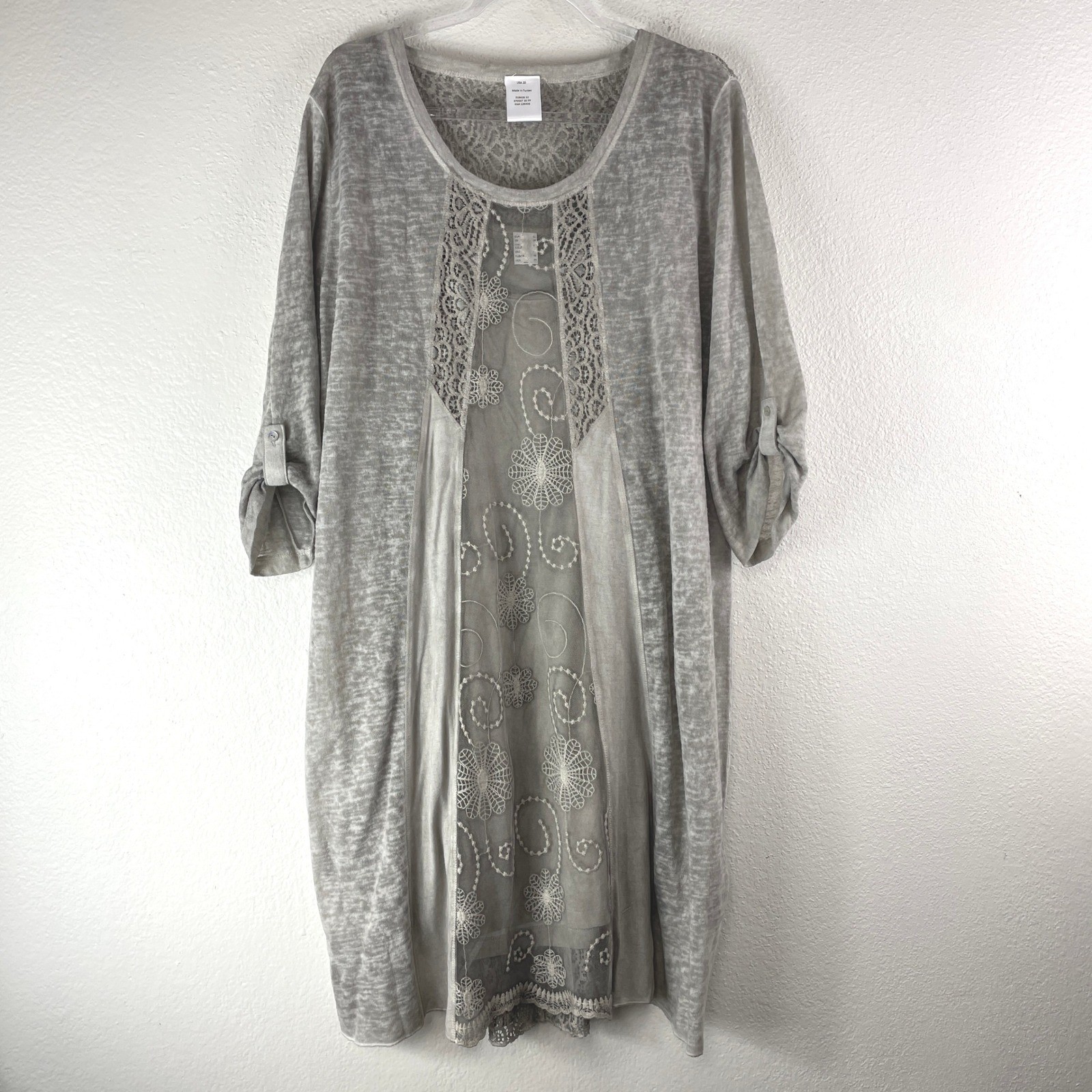 Boho Embroidered Tunic Dress Womens 20 Gray Lace Crochet Lagenlook Cottage
