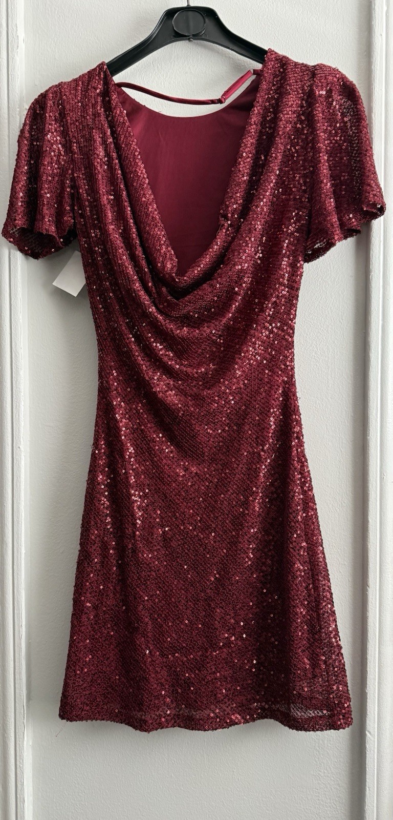 ASTR The Label Wine Sequin Crew Neck Flutter Sleeve Drape Back Mini Dress XS