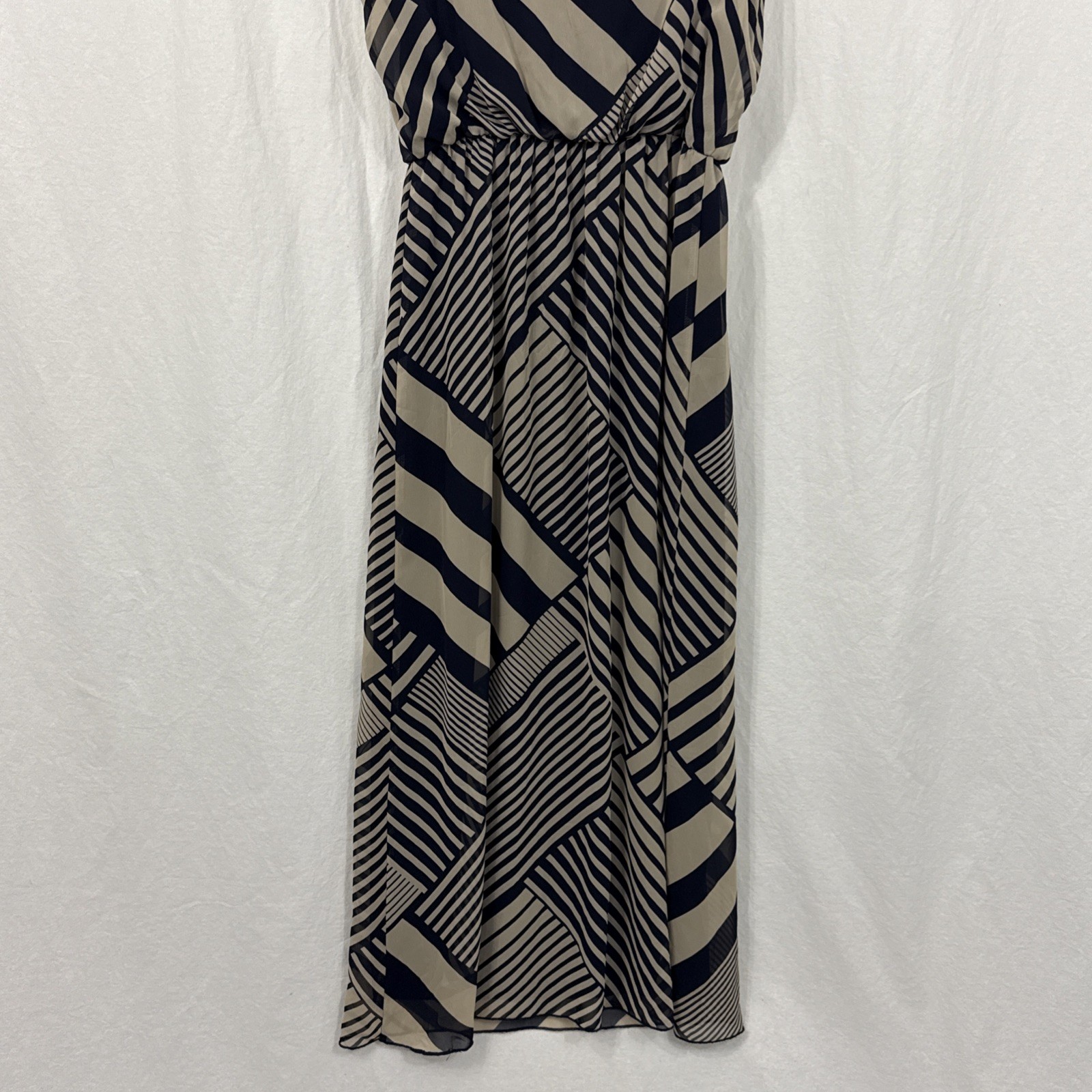 En Focus Studio Women’s Tan-Navy Blue Maxi Sleeveless Long Dress Geo Print Sz 8