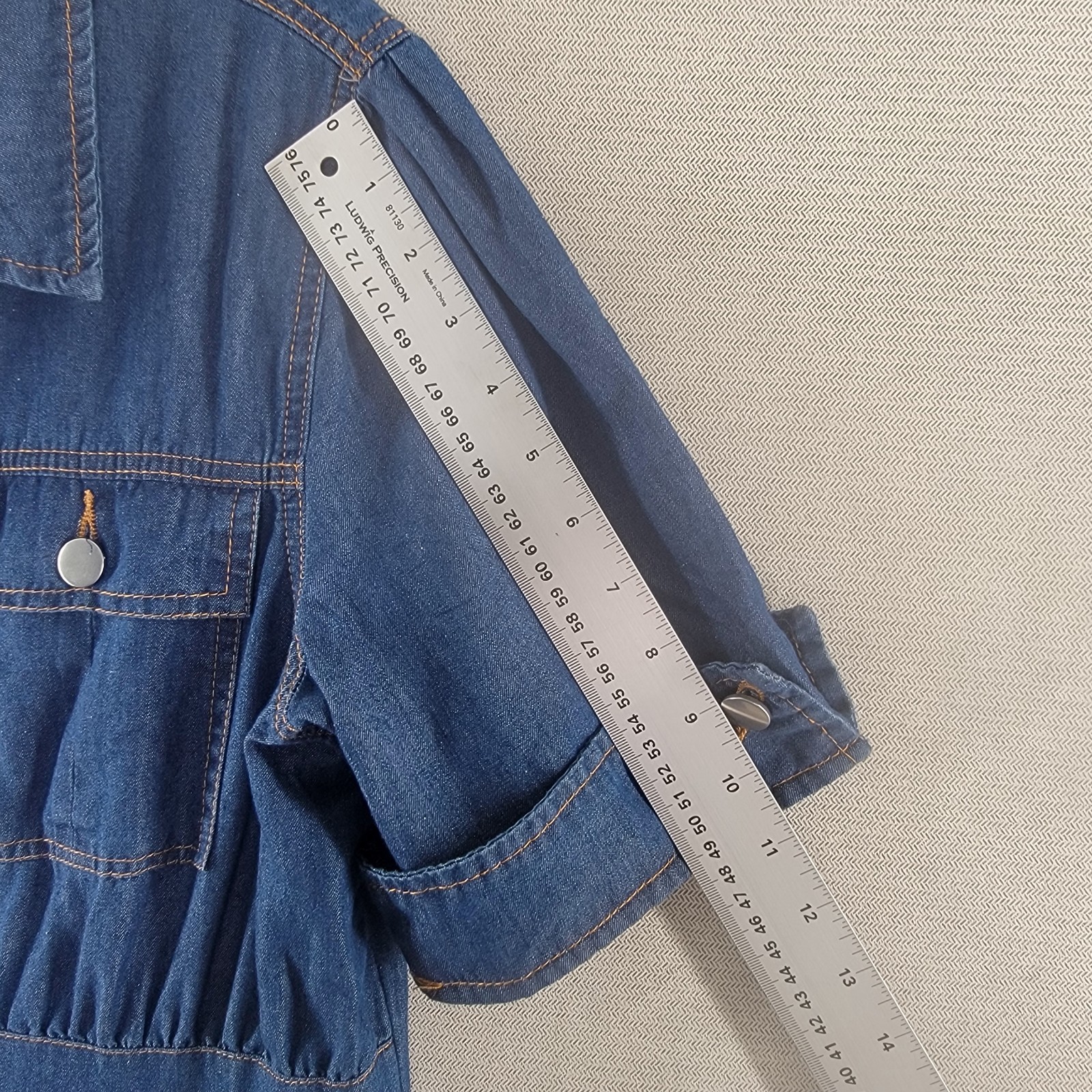 Womens Dress Chambray Button Front Midi Shirt Short Sleeve A-Line Size Large