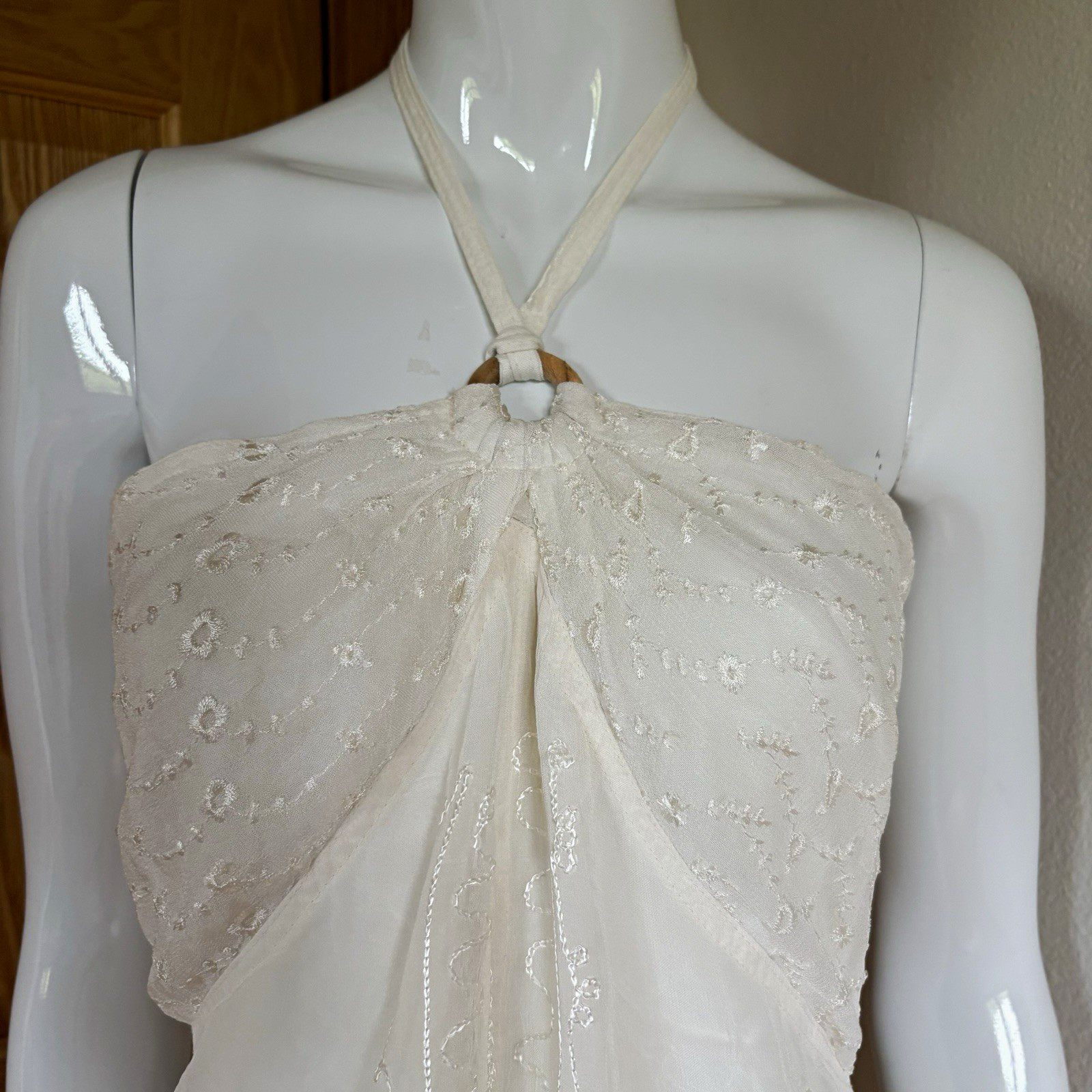 My Choice Women’s M ivory cotton Smocked Halter Tie Knee Length Sundress