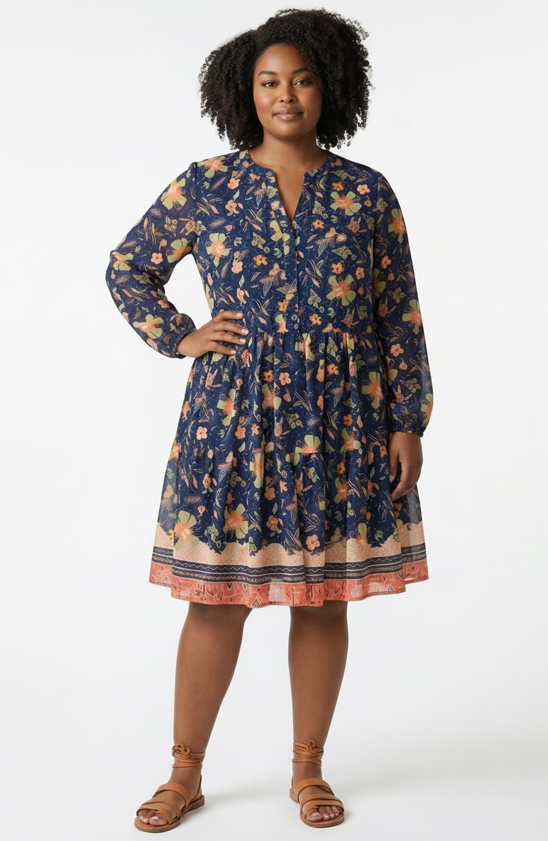 Indigo Soul 2XL Navy Floral Tiered Babydoll Dress Boho Long Sleeve Plus Size