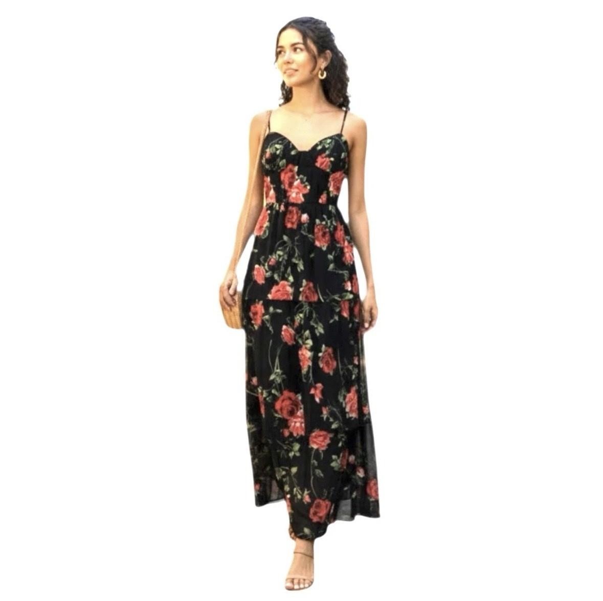 Crystal Doll Dress Juniors 1 Black Floral Chiffon Maxi Sundress Layered Summer
