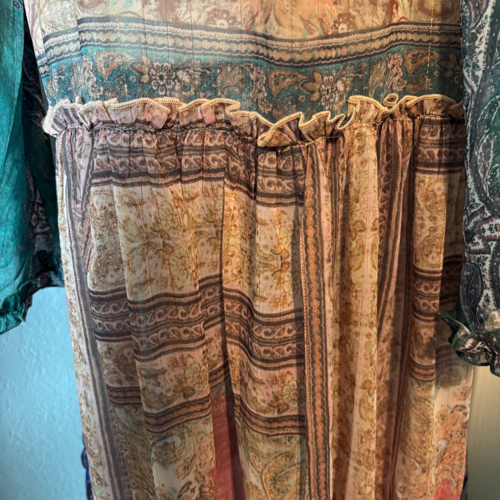 Jaded Gypsy Boho Paisley Patchwork Sheer Lurex Tiered Bell Sleeve Maxi Dress OS