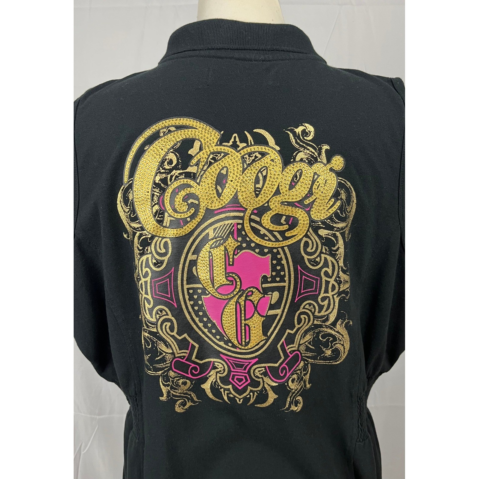 Y2K COOGI Sleeveless Polo Dress Black Gold Pink Embellished Crest Logo 3X Plus