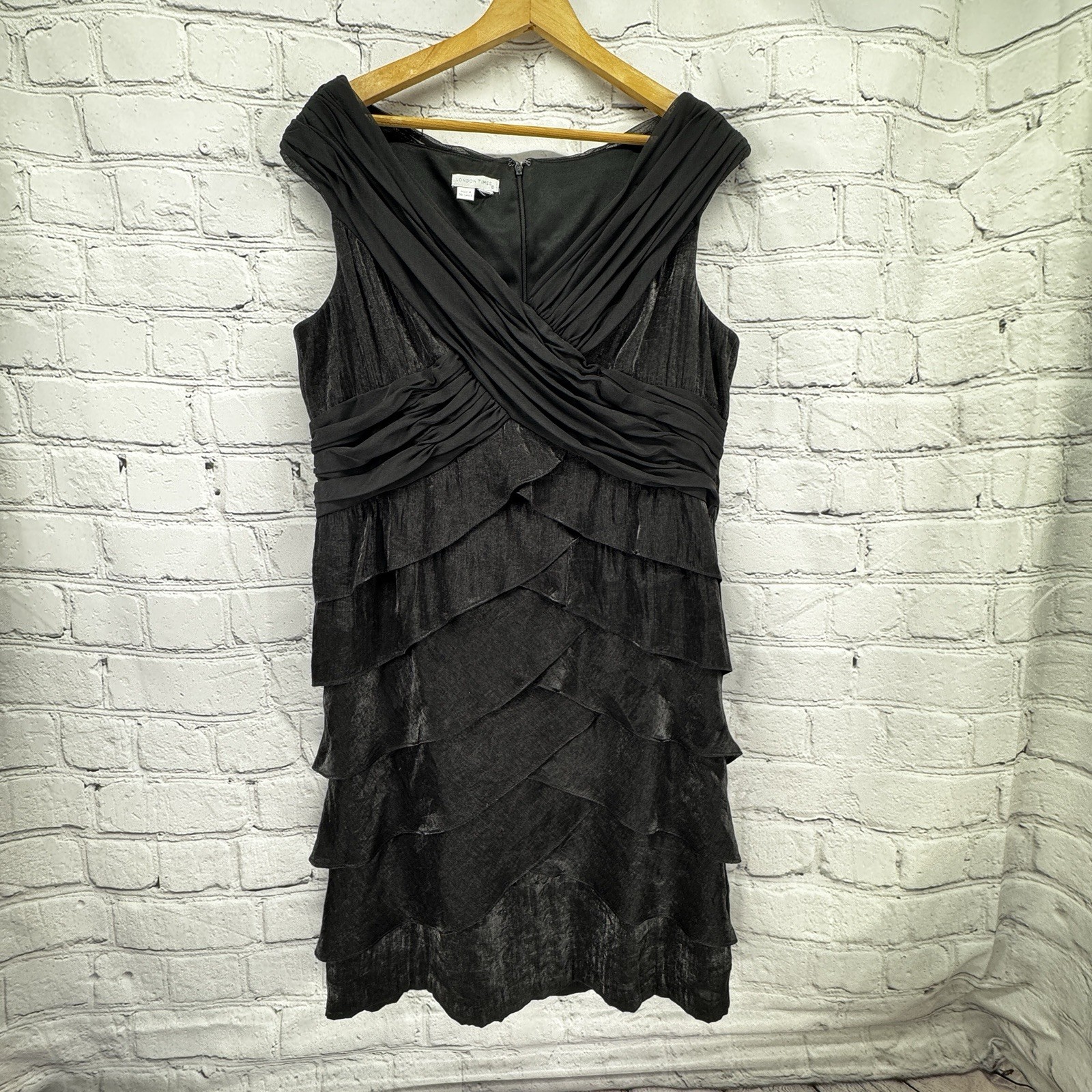 London Times Dress Size ?? Black Tiered Ruffle Sheath Cocktail Empire Waist