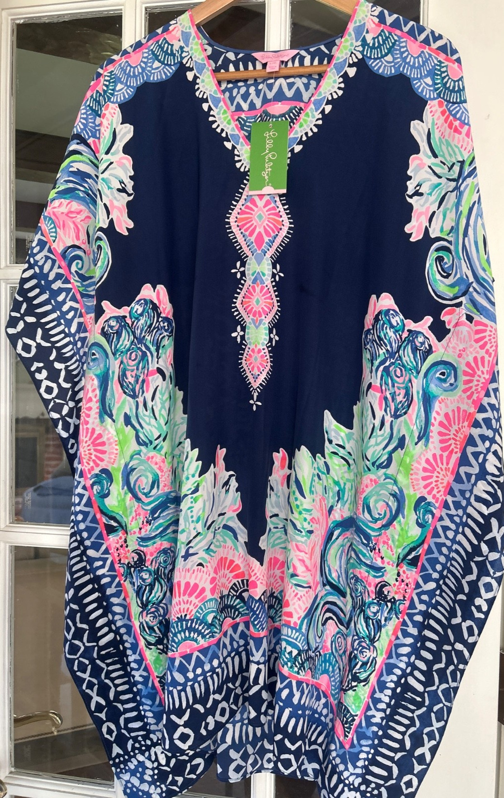 Lilly Pulitzer Atlin Silk Caftan Seaglass Menagerie Indigo L/XL NWT (09050D)
