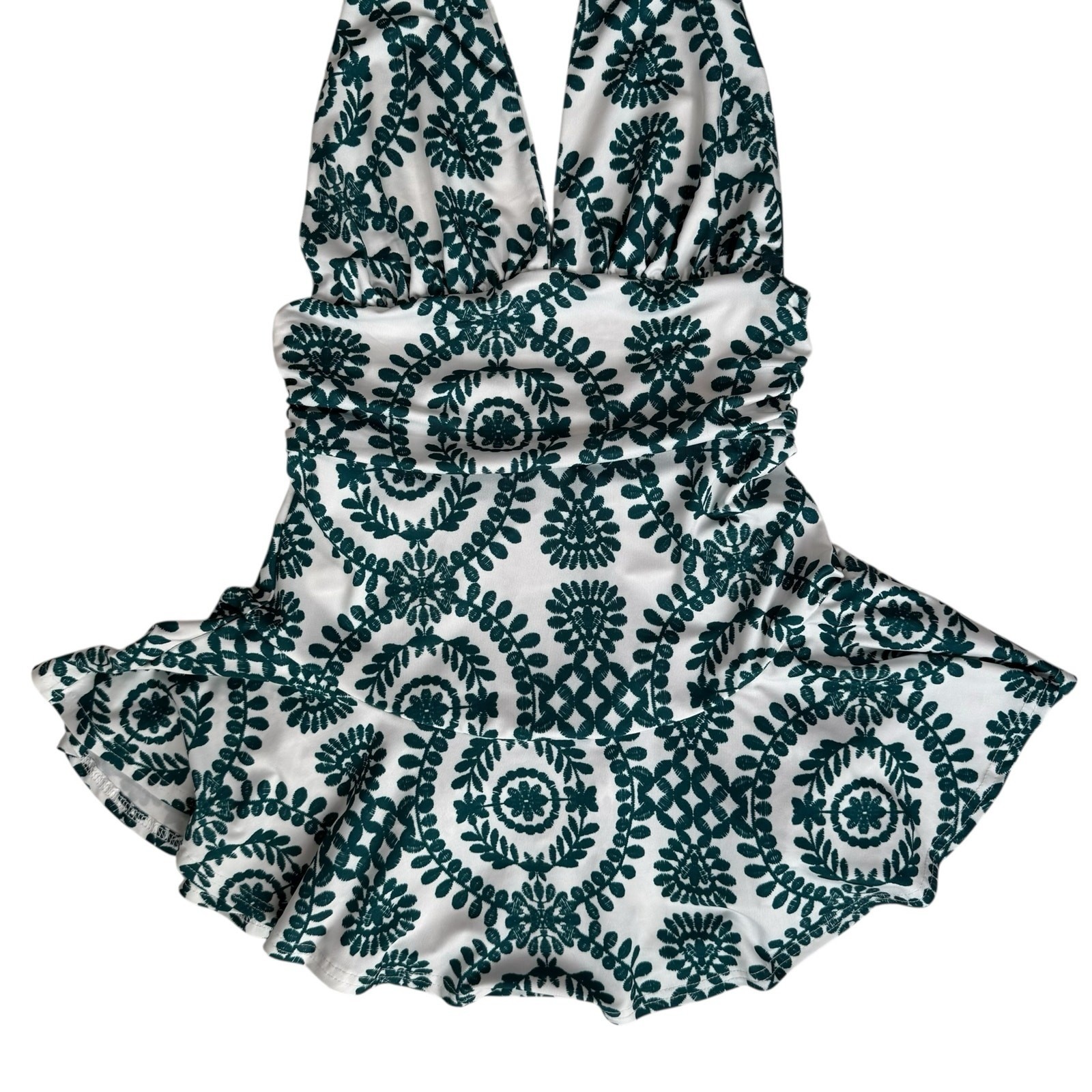 Womens Backless Halter Romper Small White Green Floral Print Ruffle Resort READ