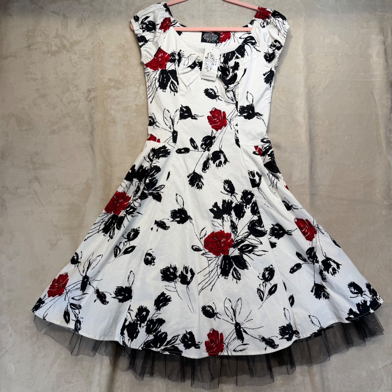 Hearts & Roses London Swing Dress Womens 12 White Red New Floral Rockabilly Bow