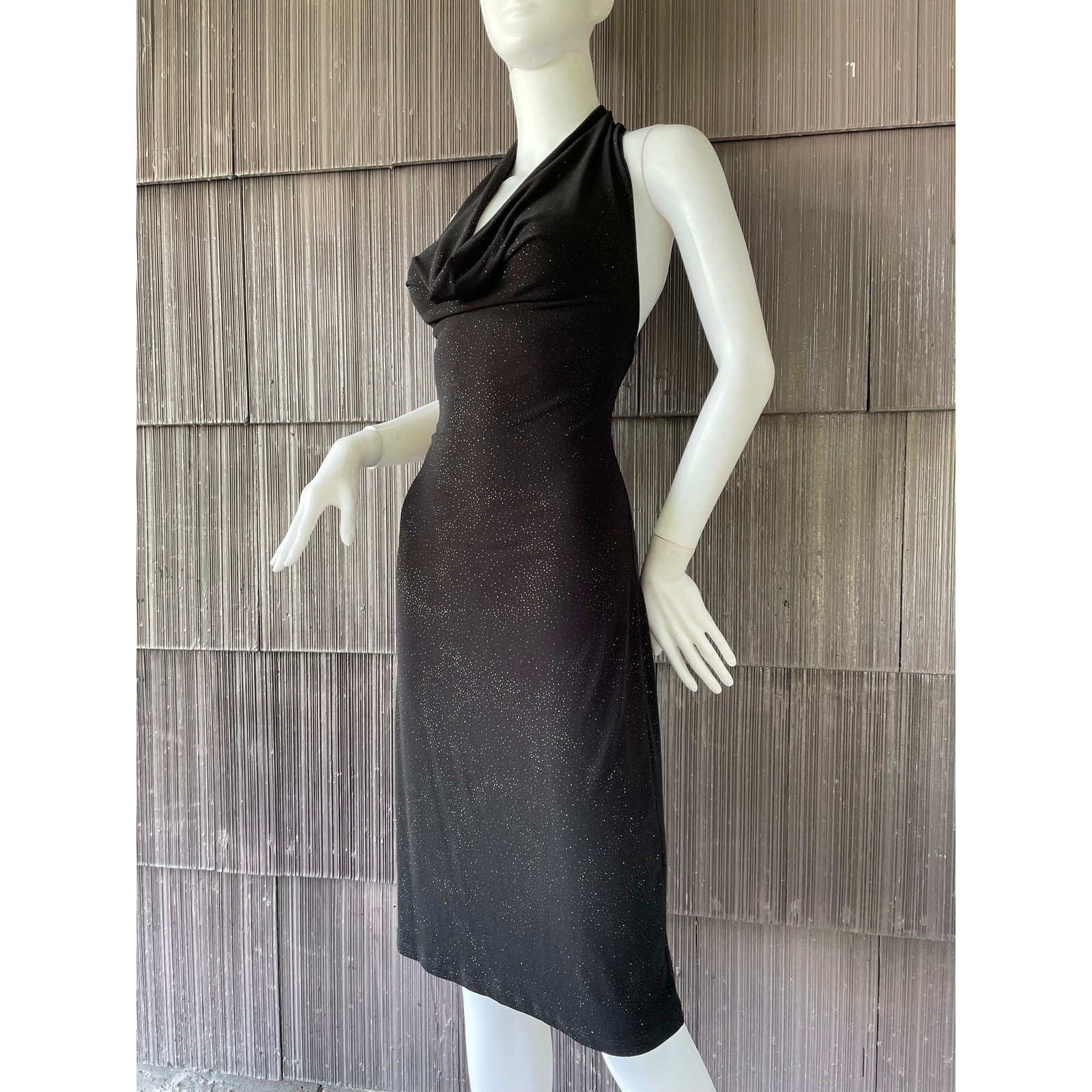 VTG USA Y2K Forever 21 Sparkles Glitter Cowl Neck Party Glam Goth Black Dress