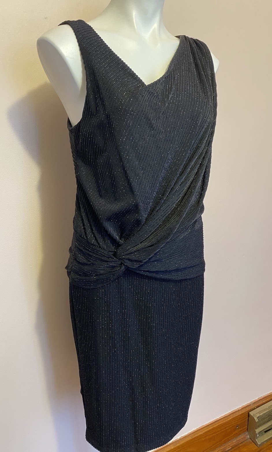 DAVID MEISTER Metallic Ribbed Draped Knot Asymmetric Neck Slvless Dress Black 12