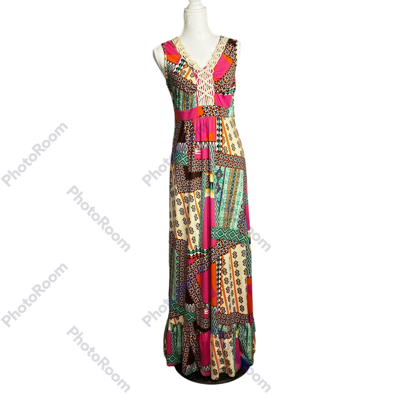 New Directions Dress Womens Multicolor SZ S Patchwork Maxi Macrame Bodice Hippie