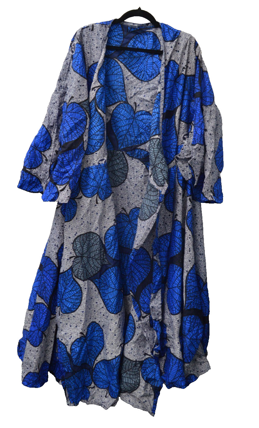 Ladaco African Print Dress One Size Blue Gray Wrap Kimono Style