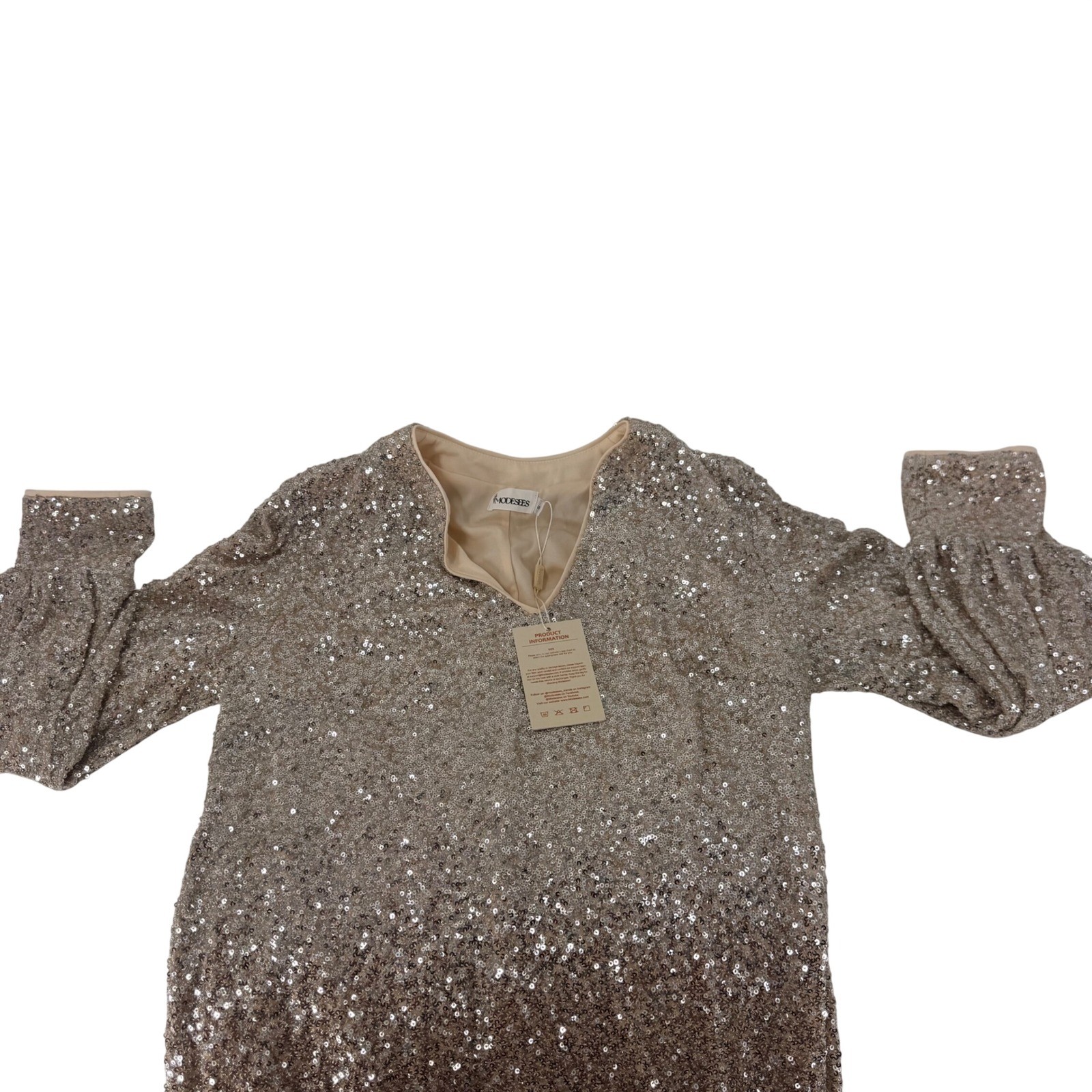 Modesees Women Champagne Gold Sequin Maxi Gown V-Neck Long Bishop Sleeve Size S