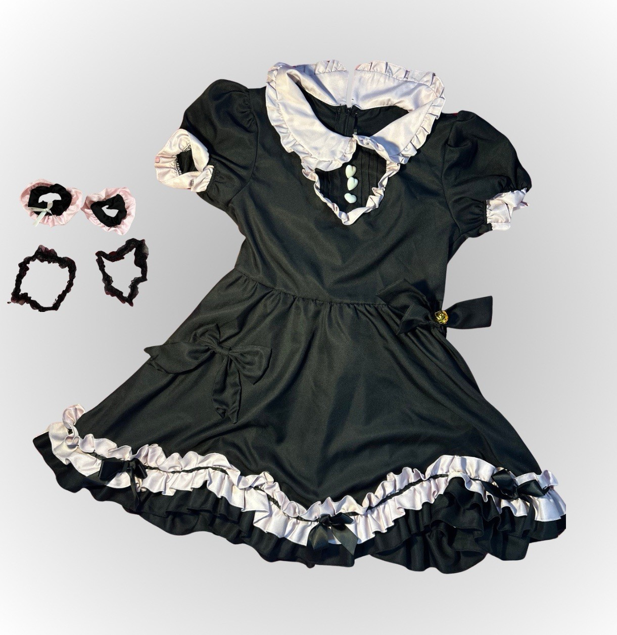 Women’s Black & Pink Ruffled Lolita Dress w/ Bow, Wrist Cuffs & Lace Garters