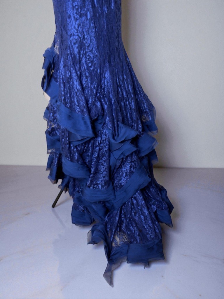 Mac Duggal Iridescent Ruffle Sequin Beads Ruffle Maxi Mermaid Lace 10 Blue Dress