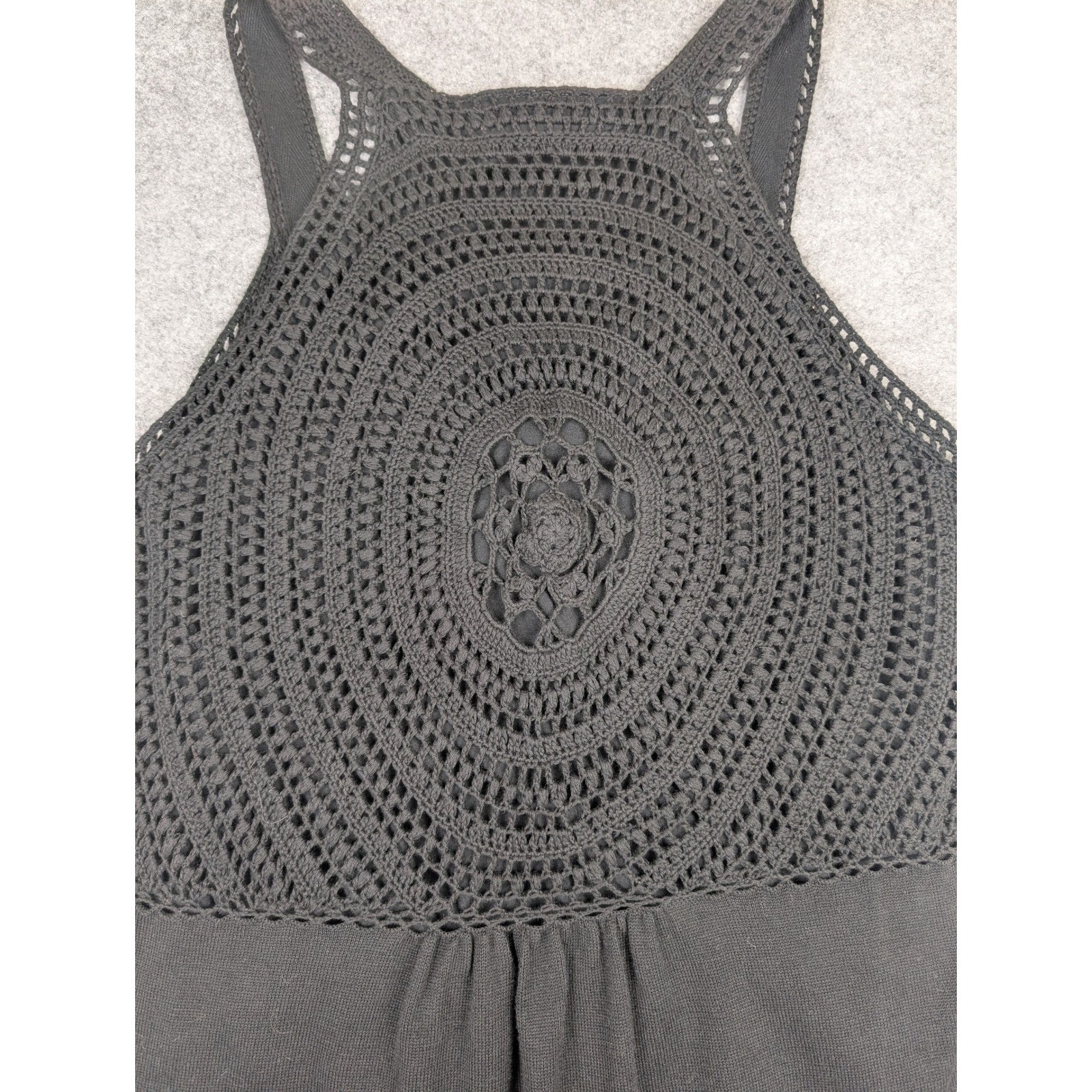 Dakini Black Knit Sleeveless Dress Crochet Back Medallion V-Neck Womens Large