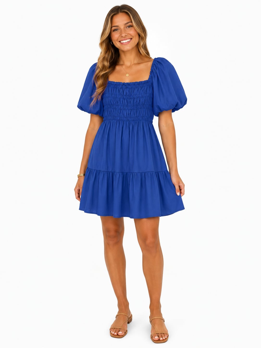 Royal Blue Puff Short Sleeve Smocked Tiered Mini Dress