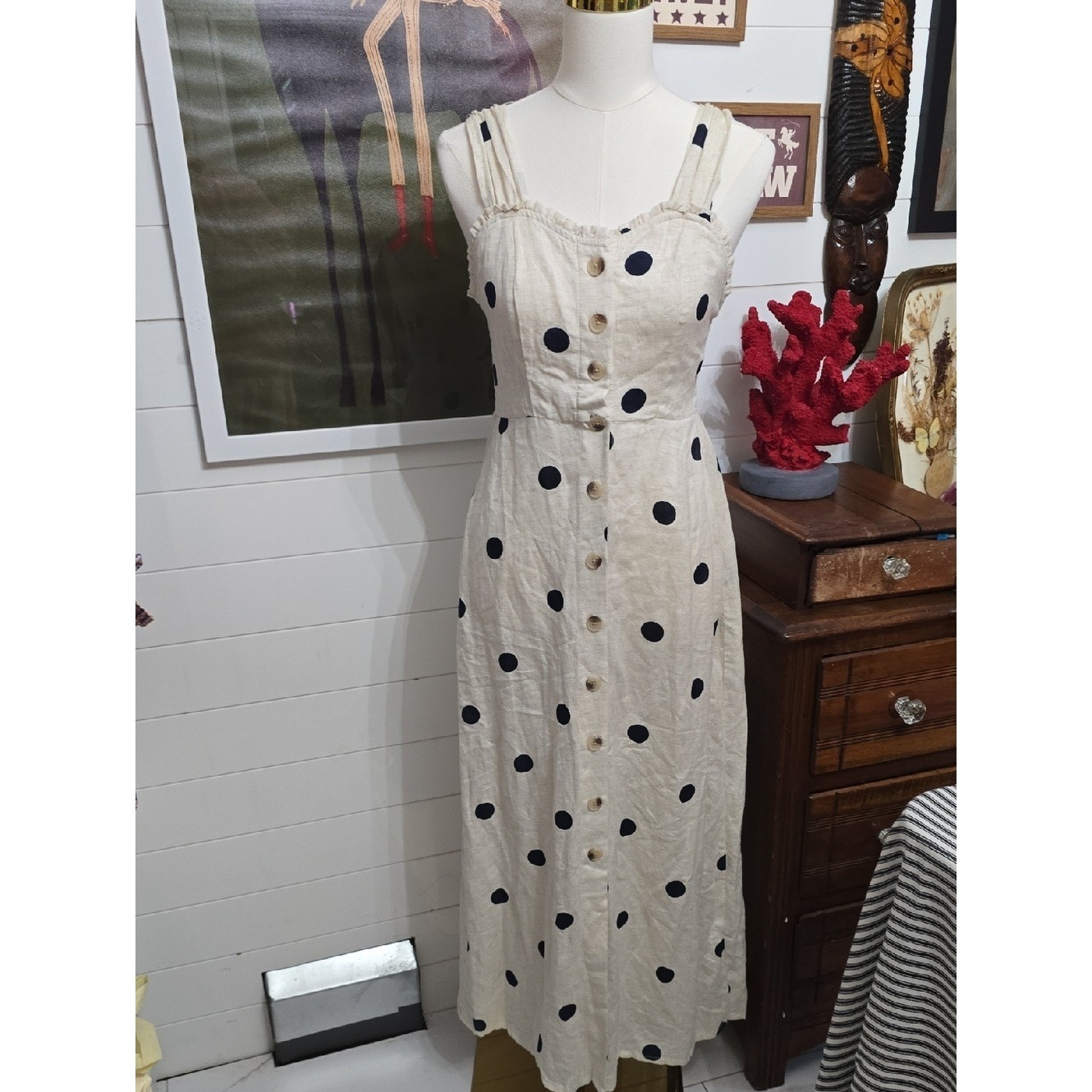Sincerely Jules Cream Linen Midi Dress with Navy Polka Dots M