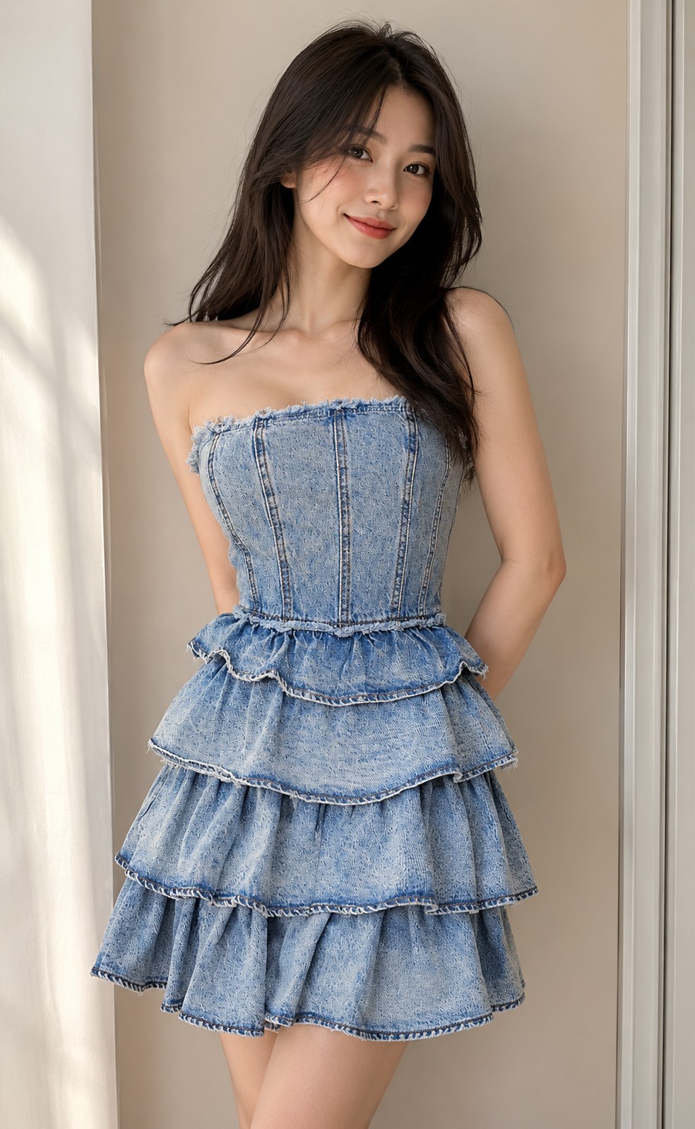 Forever 21 Blue Acid Wash Denim Tiered Ruffle Strapless Mini Dress Cowgirl