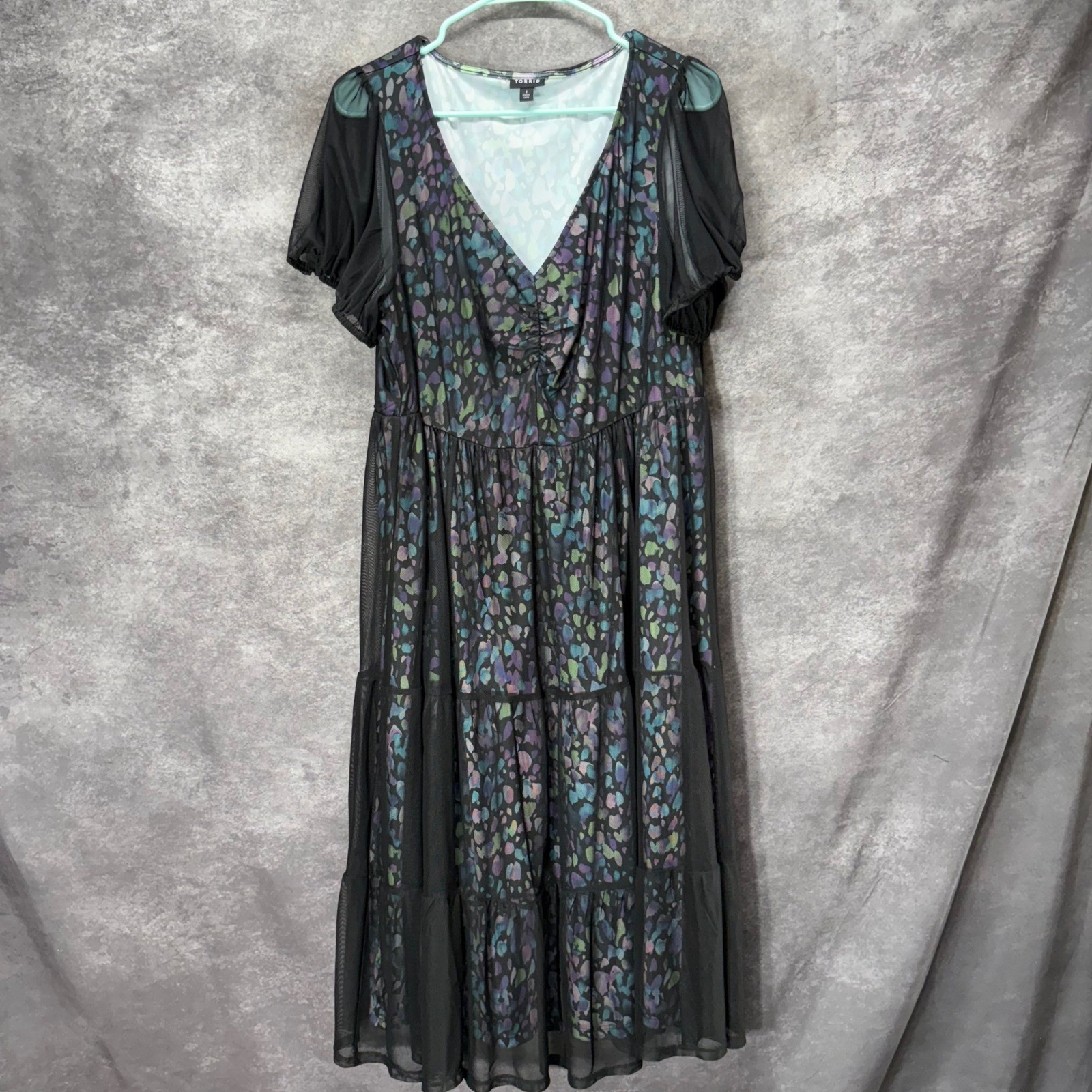 Torrid Mesh Overlay Tiered Midi Dress 1X Black Metallic Pebble Print Whimsigoth