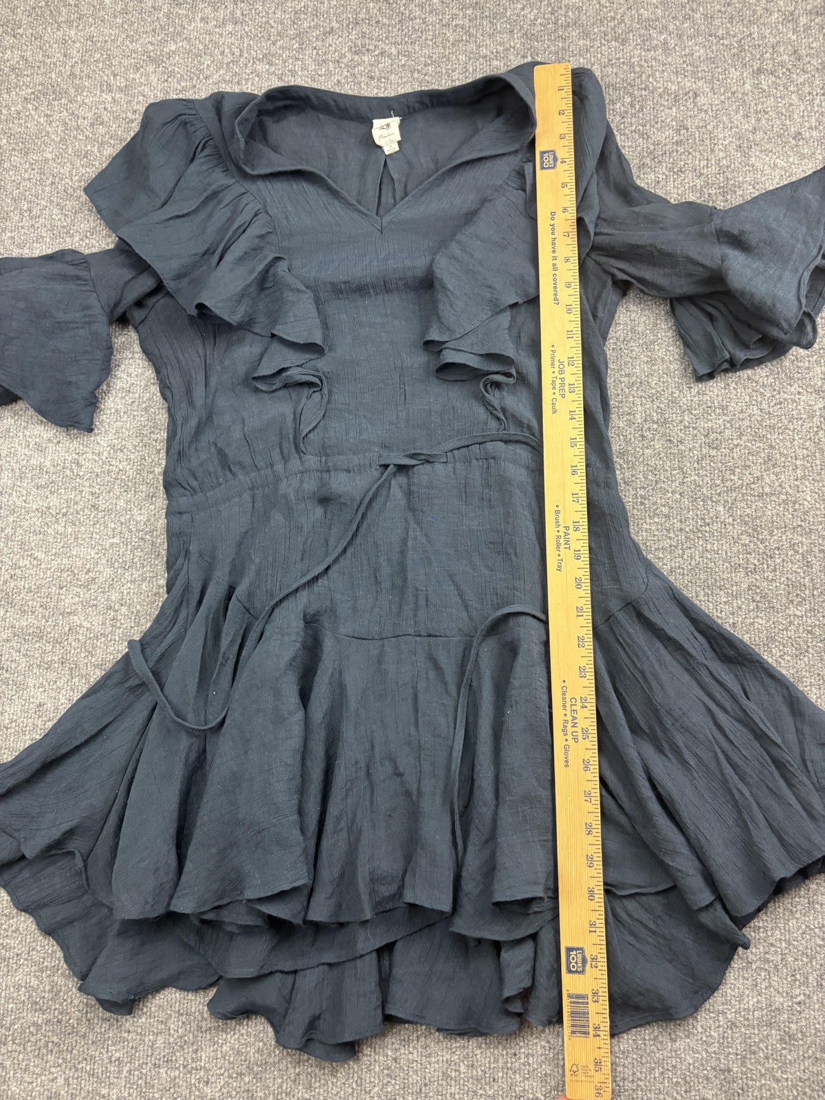 Flawless Dress Womens Small Charcoal Gray Ruffle Long Sleeve V Neck Tie Waist