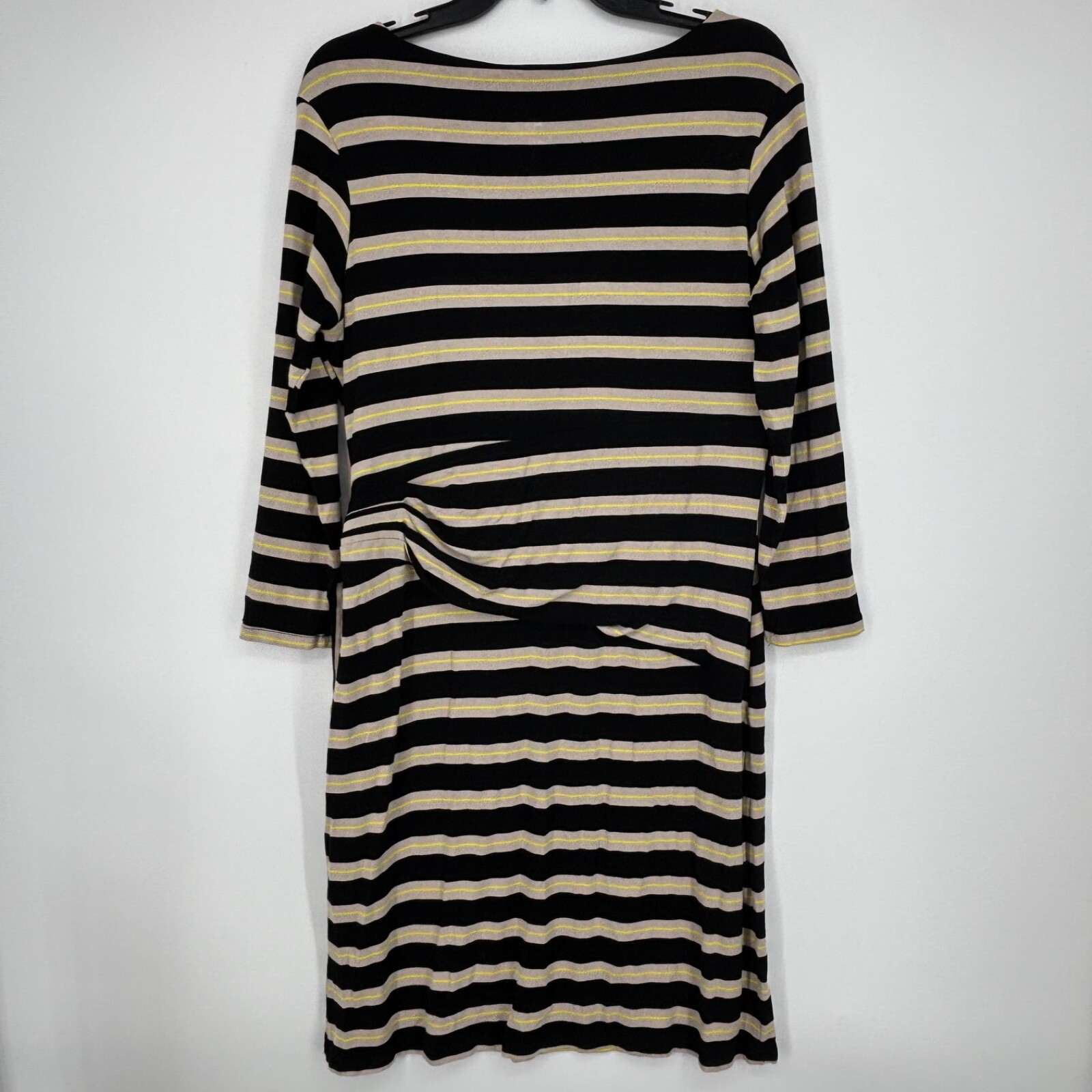Larry Levine Womens Large Knit Dress Black Beige Yellow Stripes Long Sleeve Knee