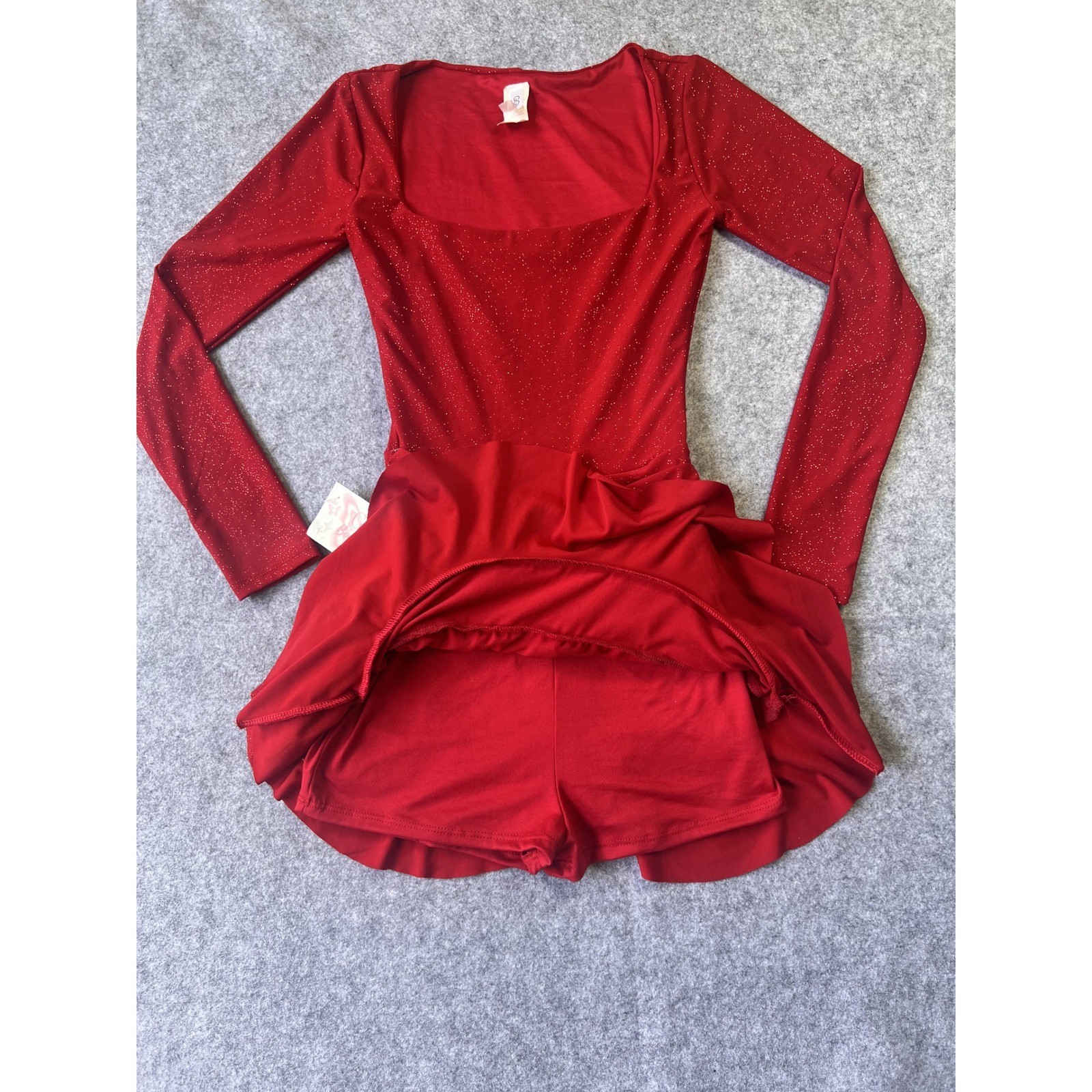 GG Boutique Tiered Ruffle Romper Dress XSmall Red Glitter Long Sleeve Skort