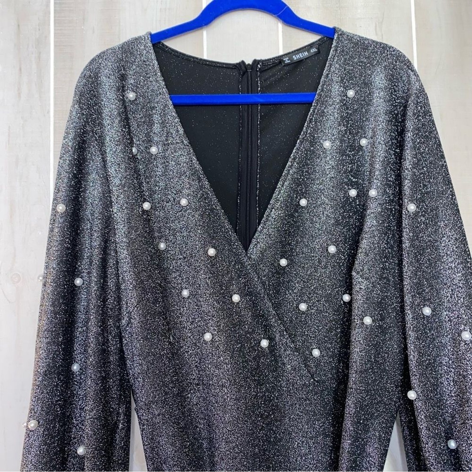 Plus Metallic Silver Pearl Embellished Belted Midi Dress with Lantern Sleeves
