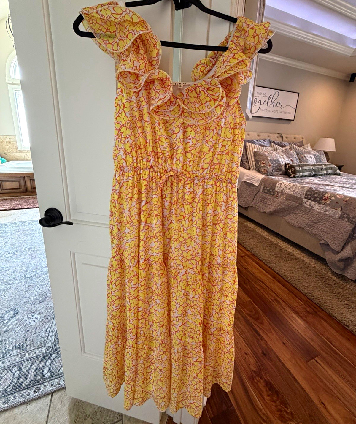 JODIFL Yellow Floral Chiffon Ruffle Sleeve Square Neck Midi Dress S