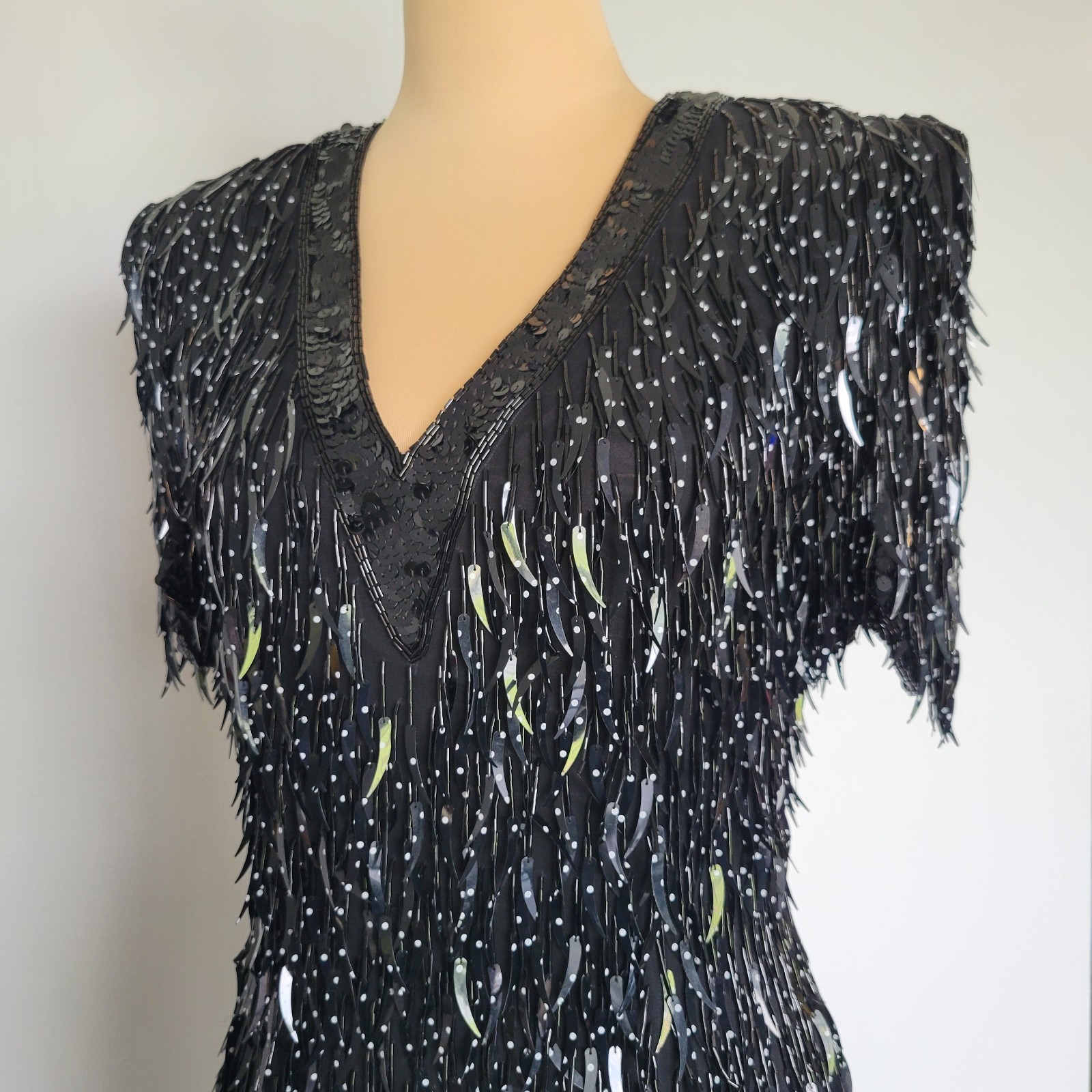 Vintage 100% Silk Black Polka Dots Sequined Beaded Fringe V-neck Dress Sz Medium