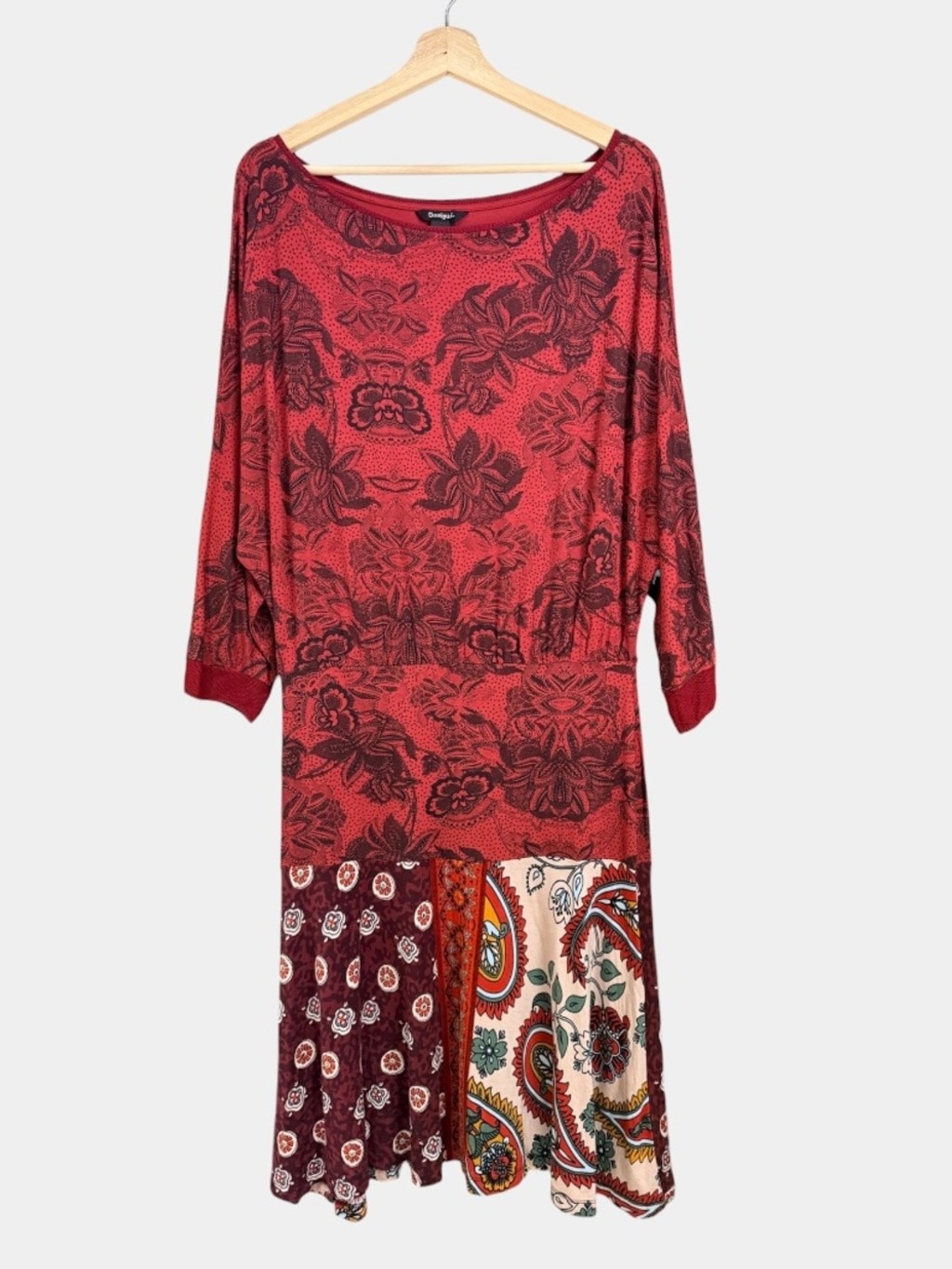 DESIGUAL Indira Red Floral Paisley Mini Dress Casual Summer, Sz L