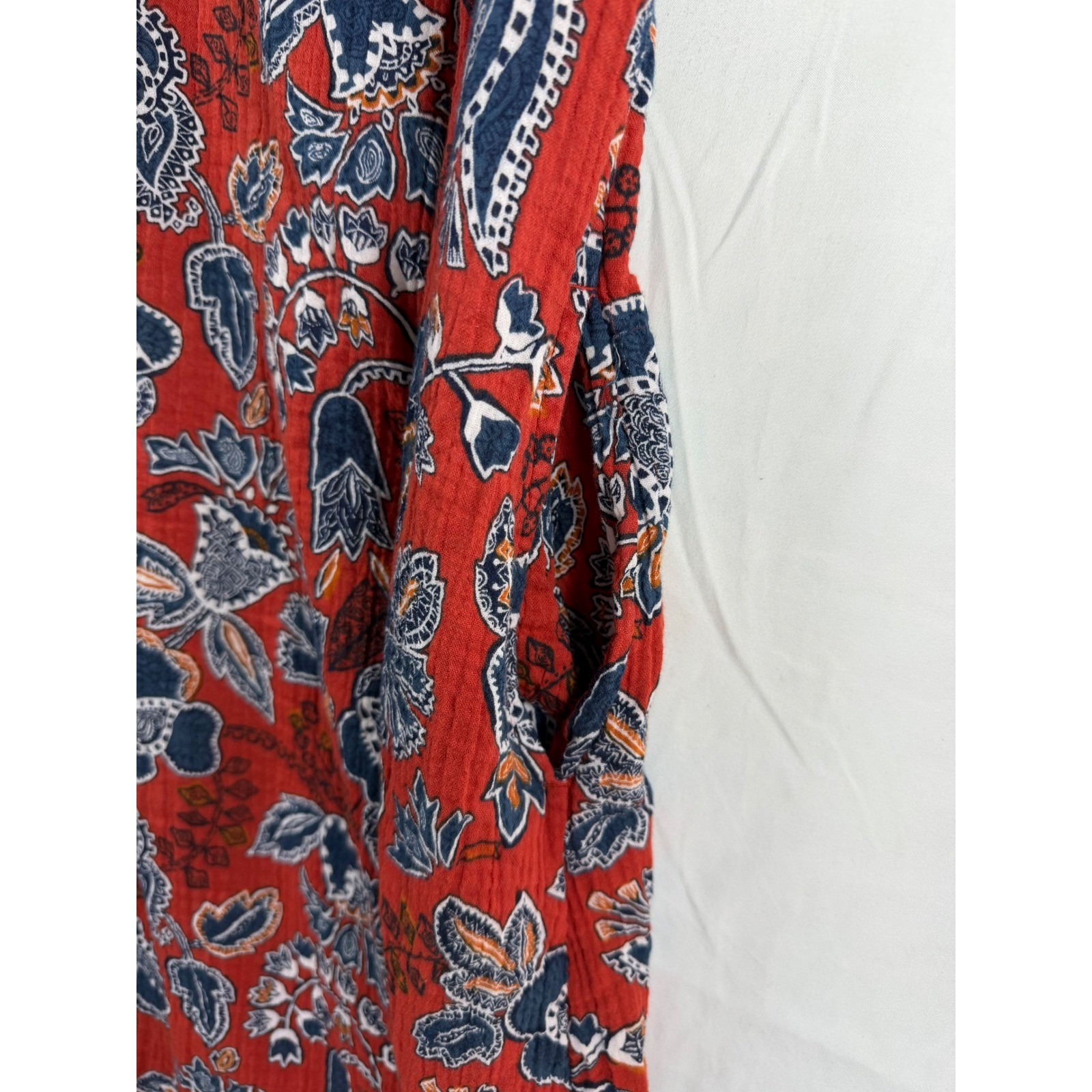 Wonderly Womens Rust Floral Paisley Gauze Button Front Midi Dress Pockets Large