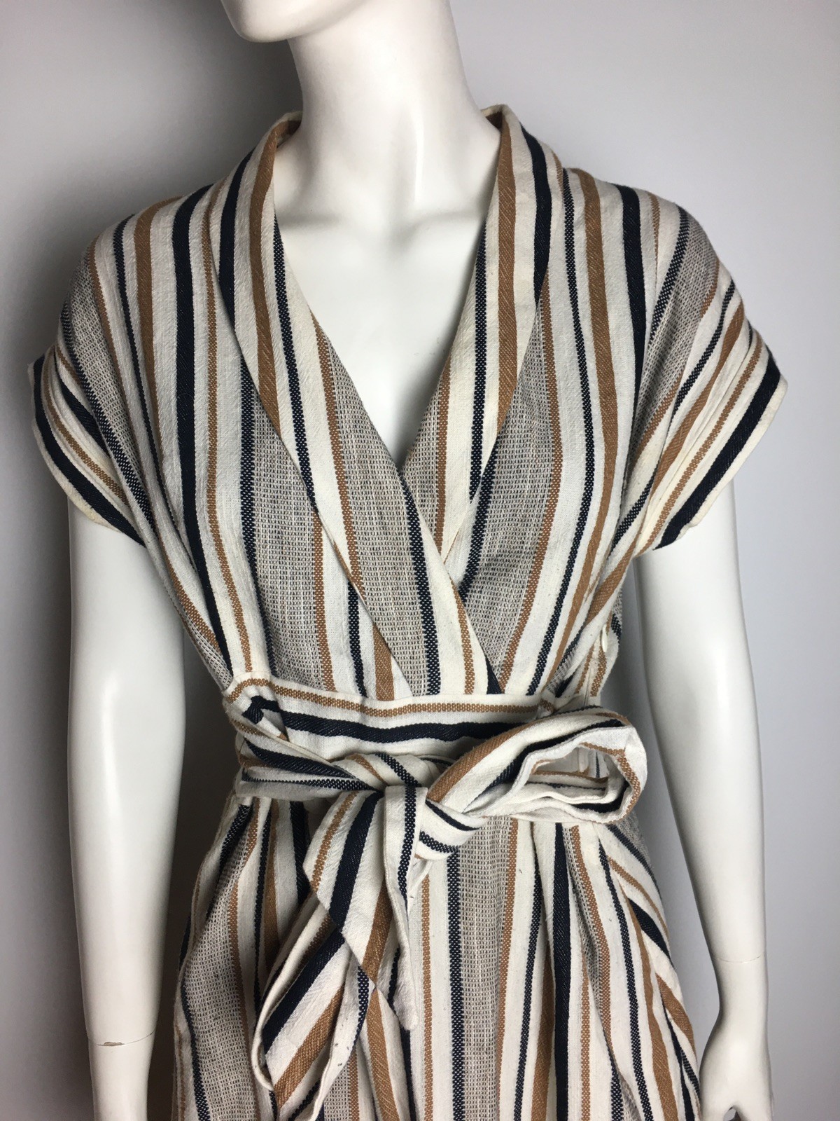 BRORA Striped Wrap Maxi Belted Dress Cotton Linen Blend UK 12
