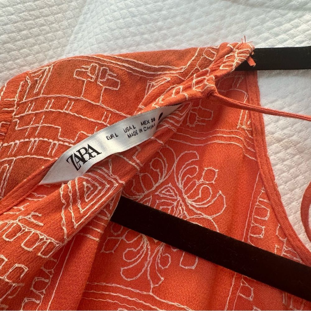 Zara Tunic Maxi Dress All Over Embroidered Pattern Orange Size L