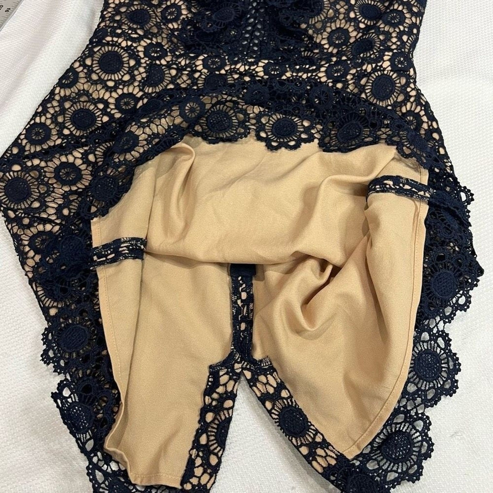 J.O.A. Navy Blue Tan Crochet‎ Lace Open Back Dress Womens M