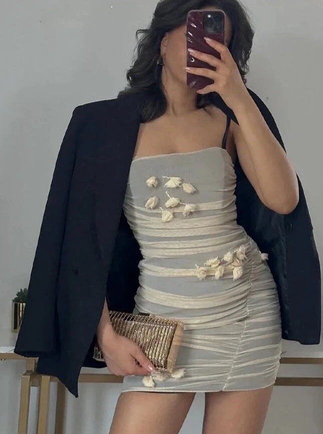 Zara Mesh Sleeveless Folds 3D Flower Mini Dress