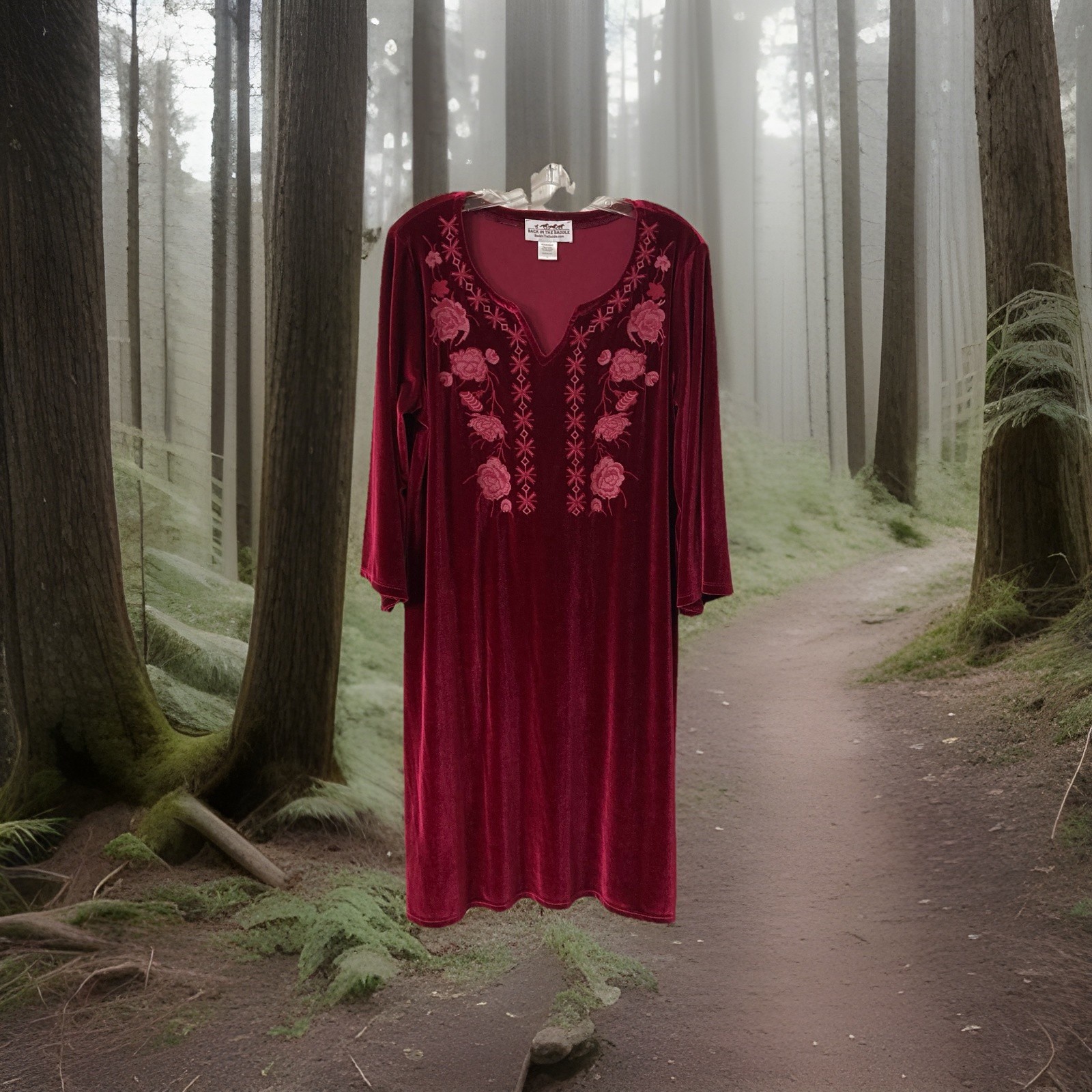 Back in the Saddle Dress Sz L Embroider Velour Maroon Loose Flowing Western Boho