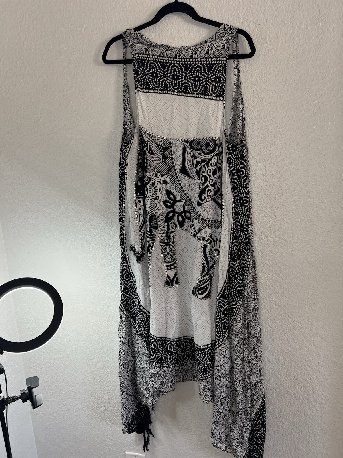 Black White Elephant Print Geometric Sleeveless Long Kaftan Dress Fringe