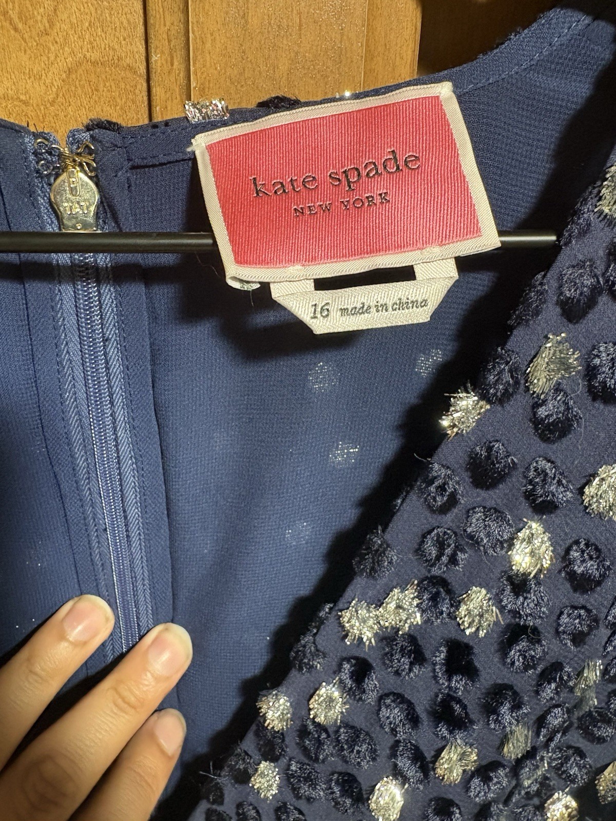 Kate Spade New York Navy Velvet Silver Dot Mini Dress Long Sleeve Size 16