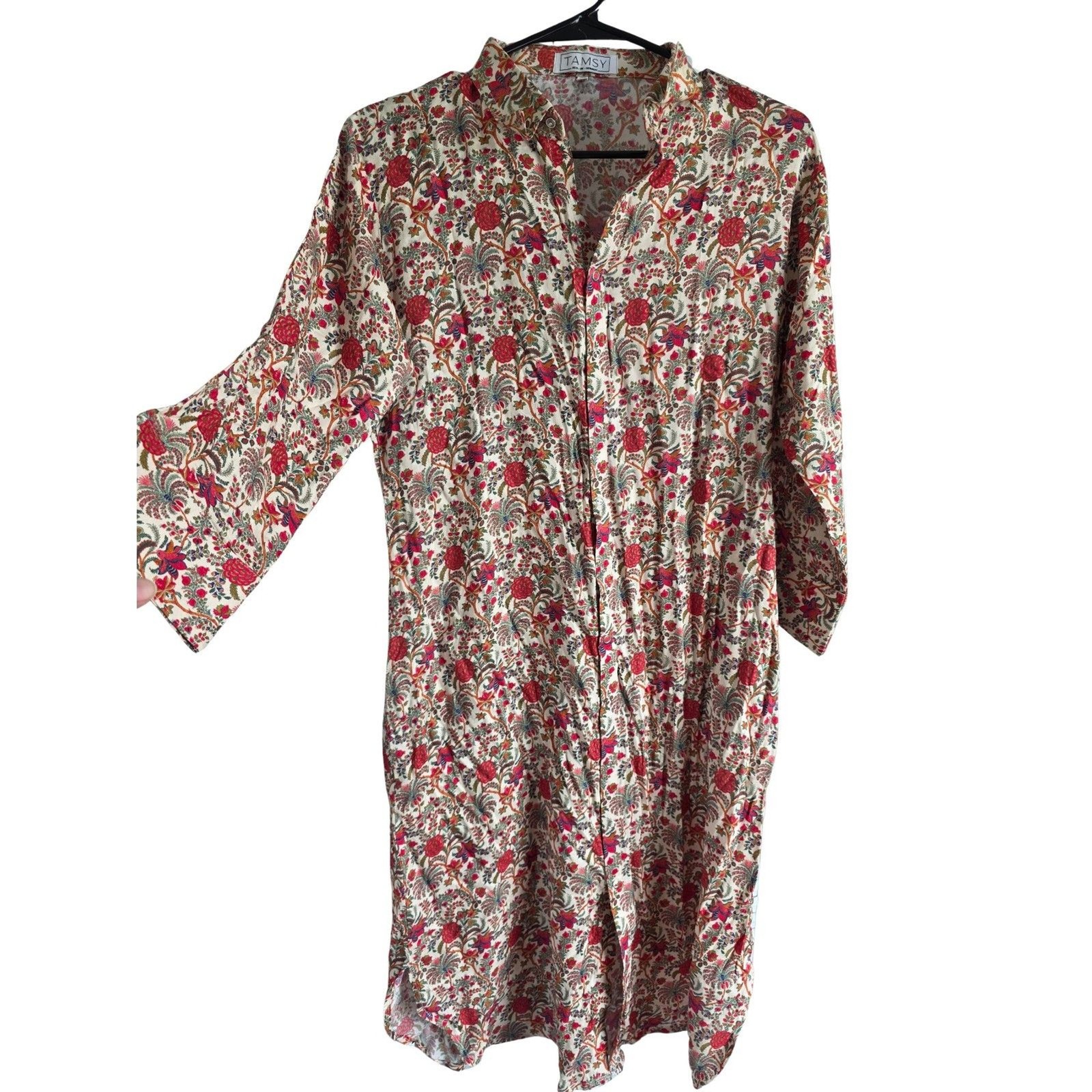 Tamsy Floral Paisley Snap Front Midi Shirt Dress Pockets Cream Red Medium M