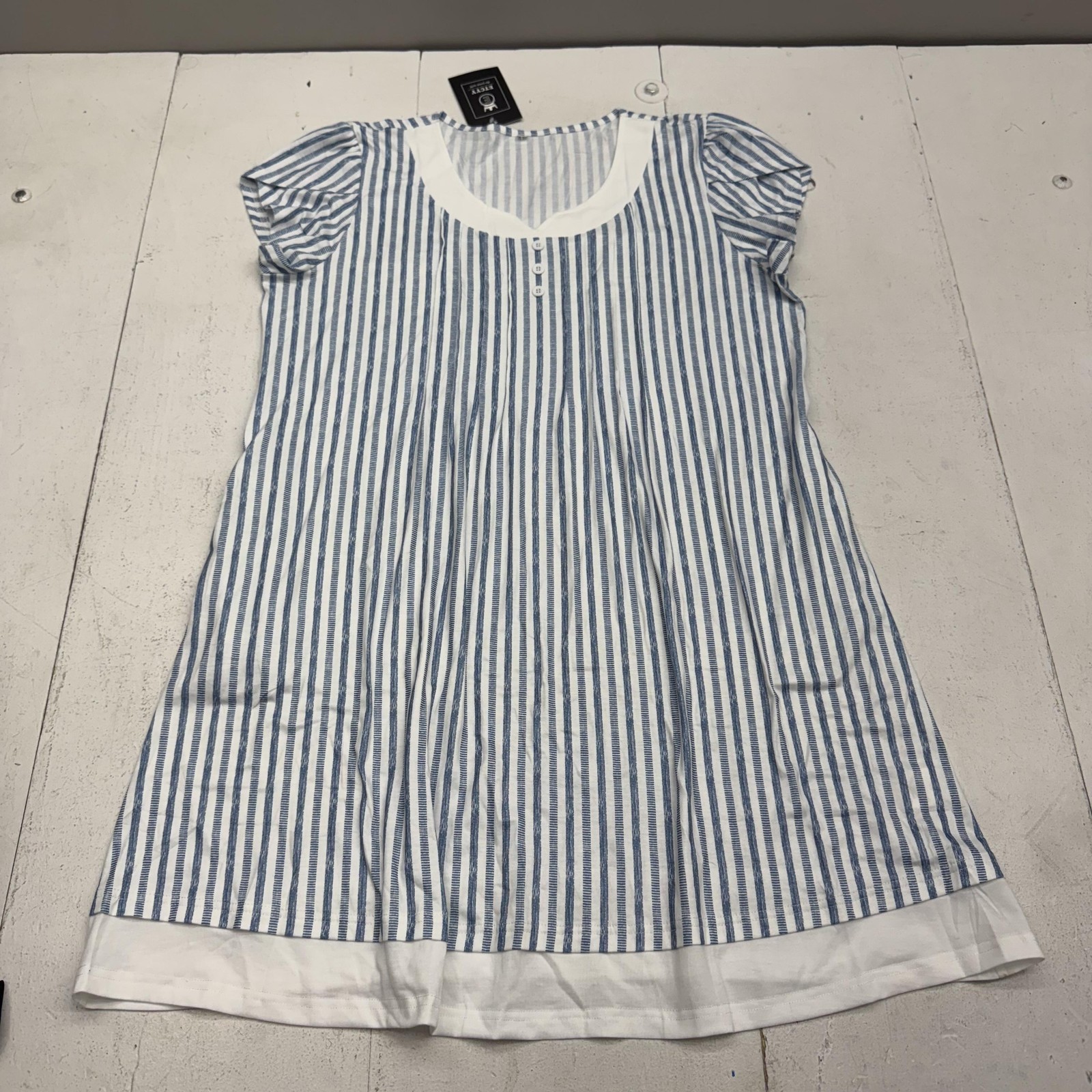 ETCYY Dress Womens XL Blue Striped Puff Sleeve T-Shirt Dress Knee Length Casual